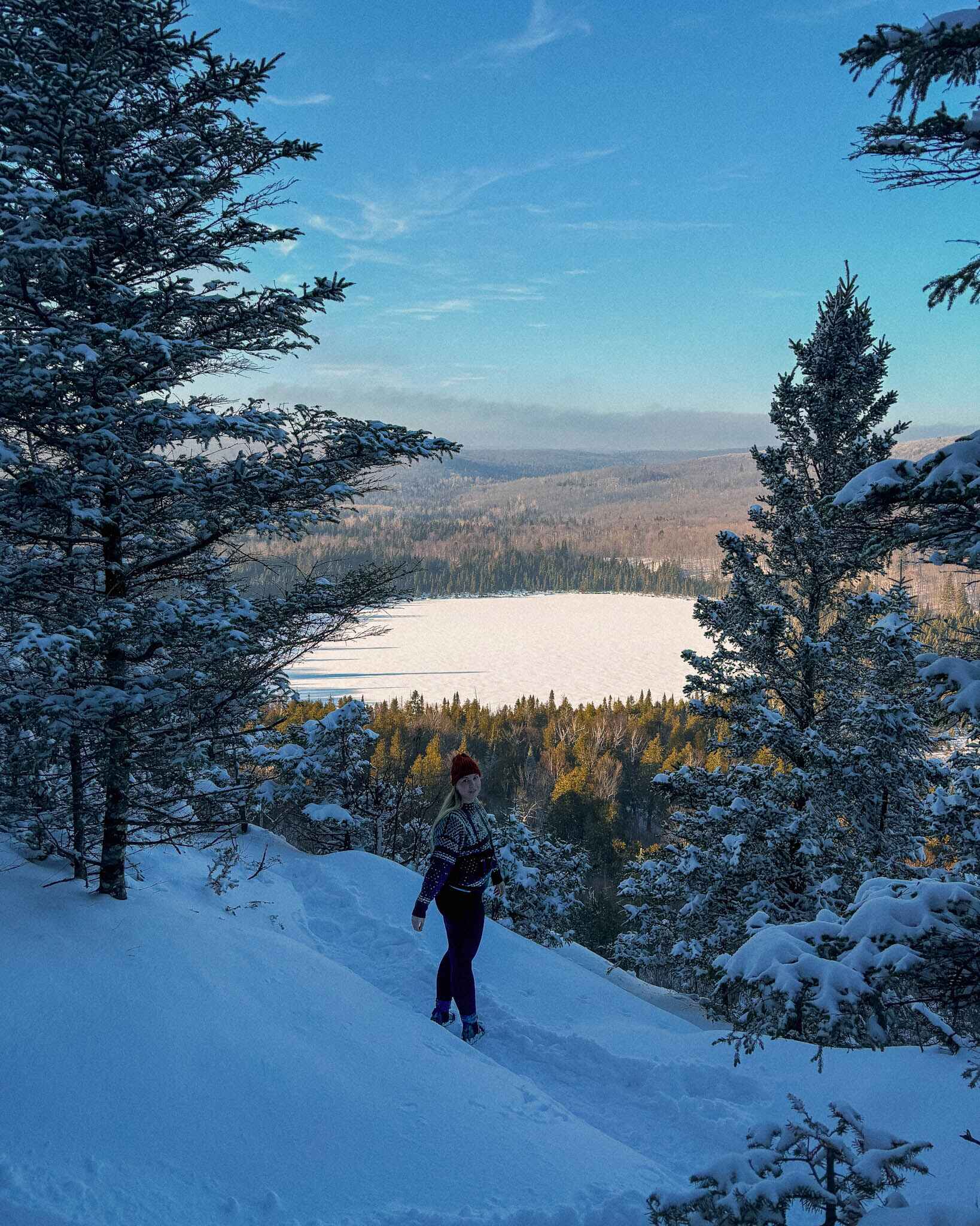 winter hiking on oberg mountain on the north shore of minnesota