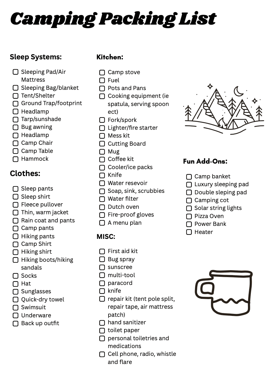 Image of a camping packing check list: text camping packing list, with three columns covering sleep systems, clothes, kitchen and more things to pack while camping