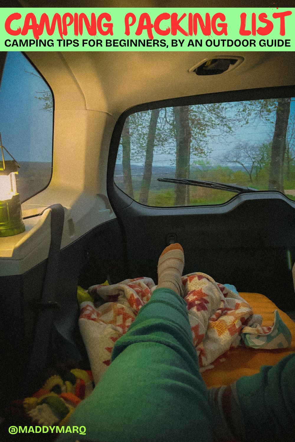 Camping Packing List, camping tips for beginners written over image of a car camping set up