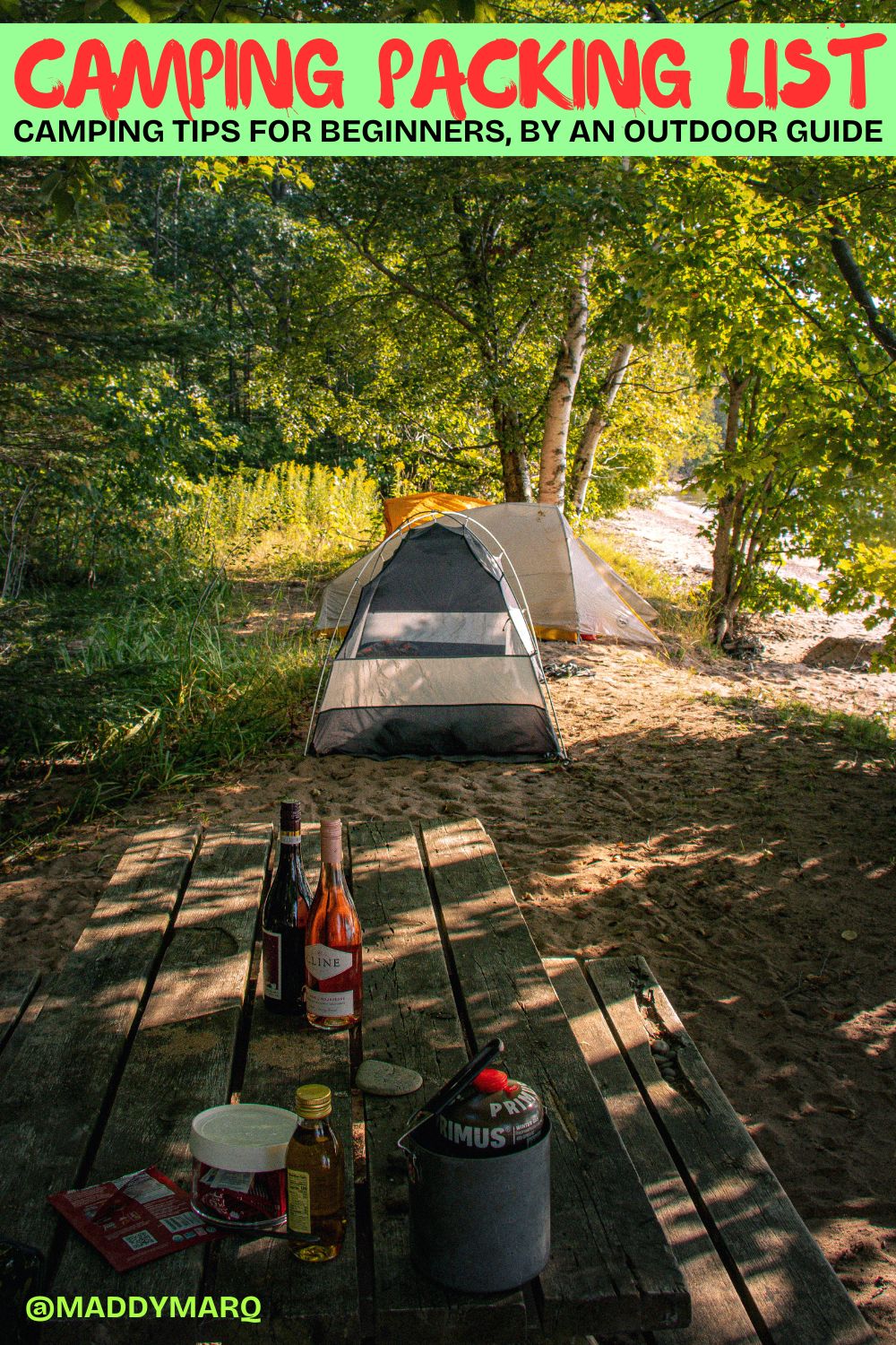 Camping Packing List, camping tips for beginners written over image of a camp set up where the forest meets the beach