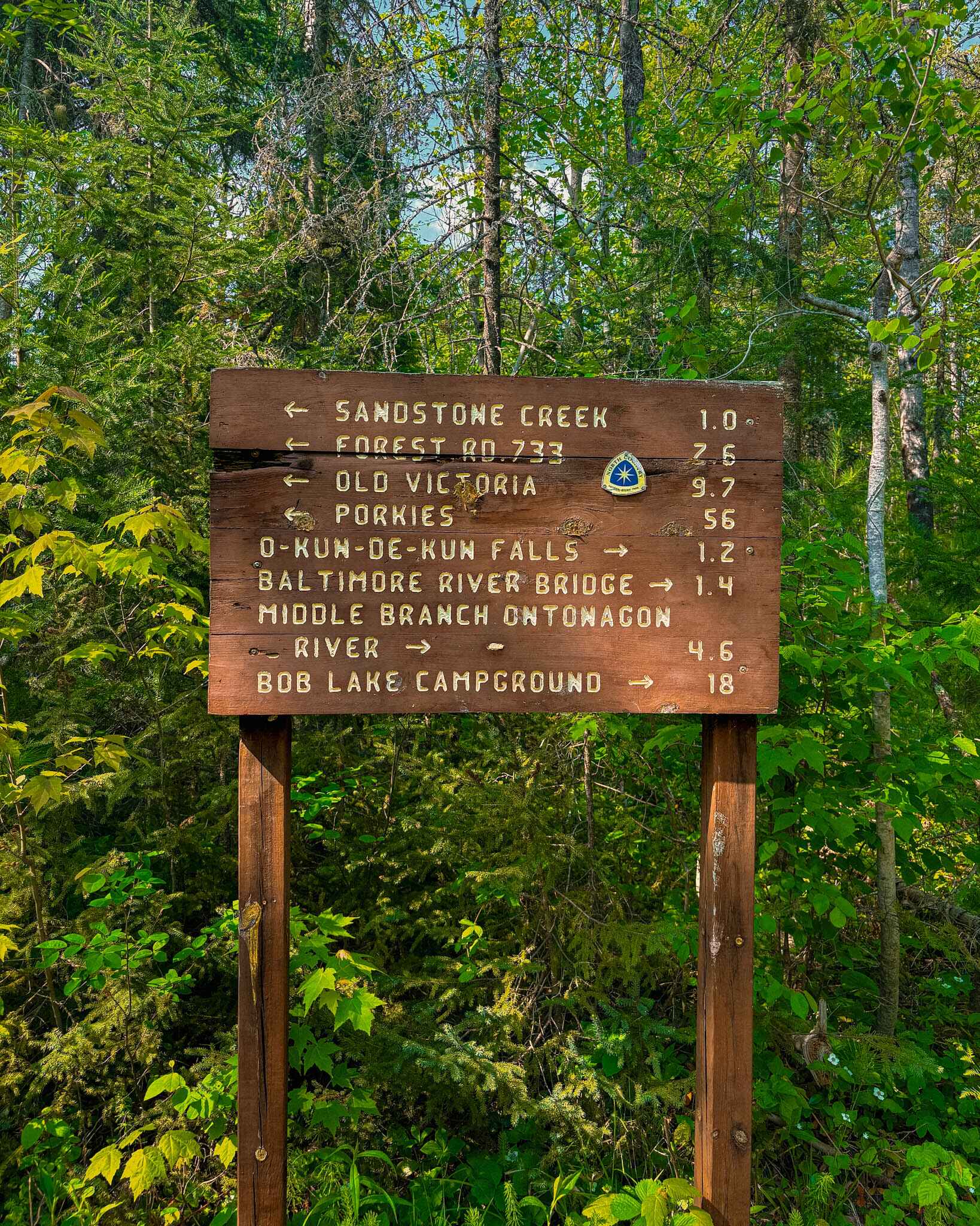 image of the North Country Trail sign near O Kun De Kun Falls in the Keweenaw peninsula