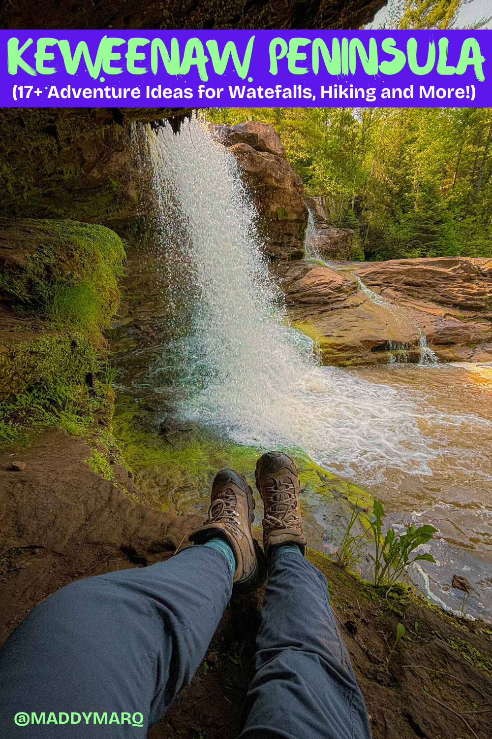 Text best things to do in the keweenaw peninsula michigan over image of a hiker by a waterfall