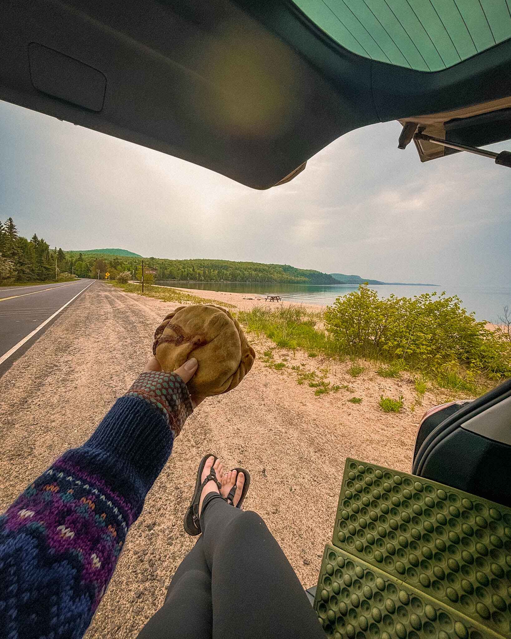 Image of a pasty from Jen's Kitchen in the Keeweenaw Peninsula in a cozy tailgate setup