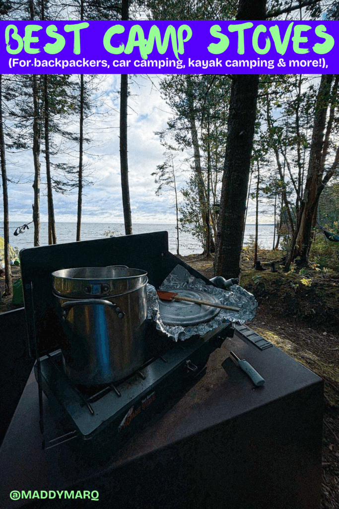 text "best camp stoves for backpackers car camping kayak camping and more" over image of a coleman 2 burner camp stove in at a beautiful campsite on lake superior with a thin line of trees between the stove and the open lake