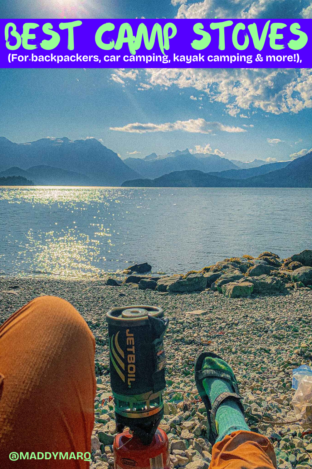 text "best camp stoves for backpackers car camping kayak camping and more" over image of a jetboil stove in front of a view of a fjord in British Columbia with mountains in the distance. 