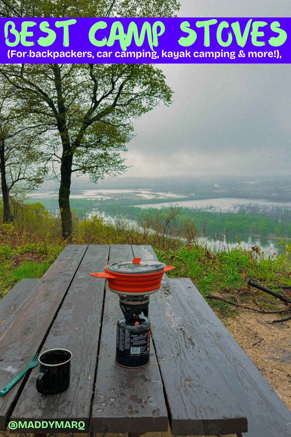 text "best camp stoves for backpackers car camping kayak camping and more" over image of a backpacker stove at a car camping site in southern wisconsin