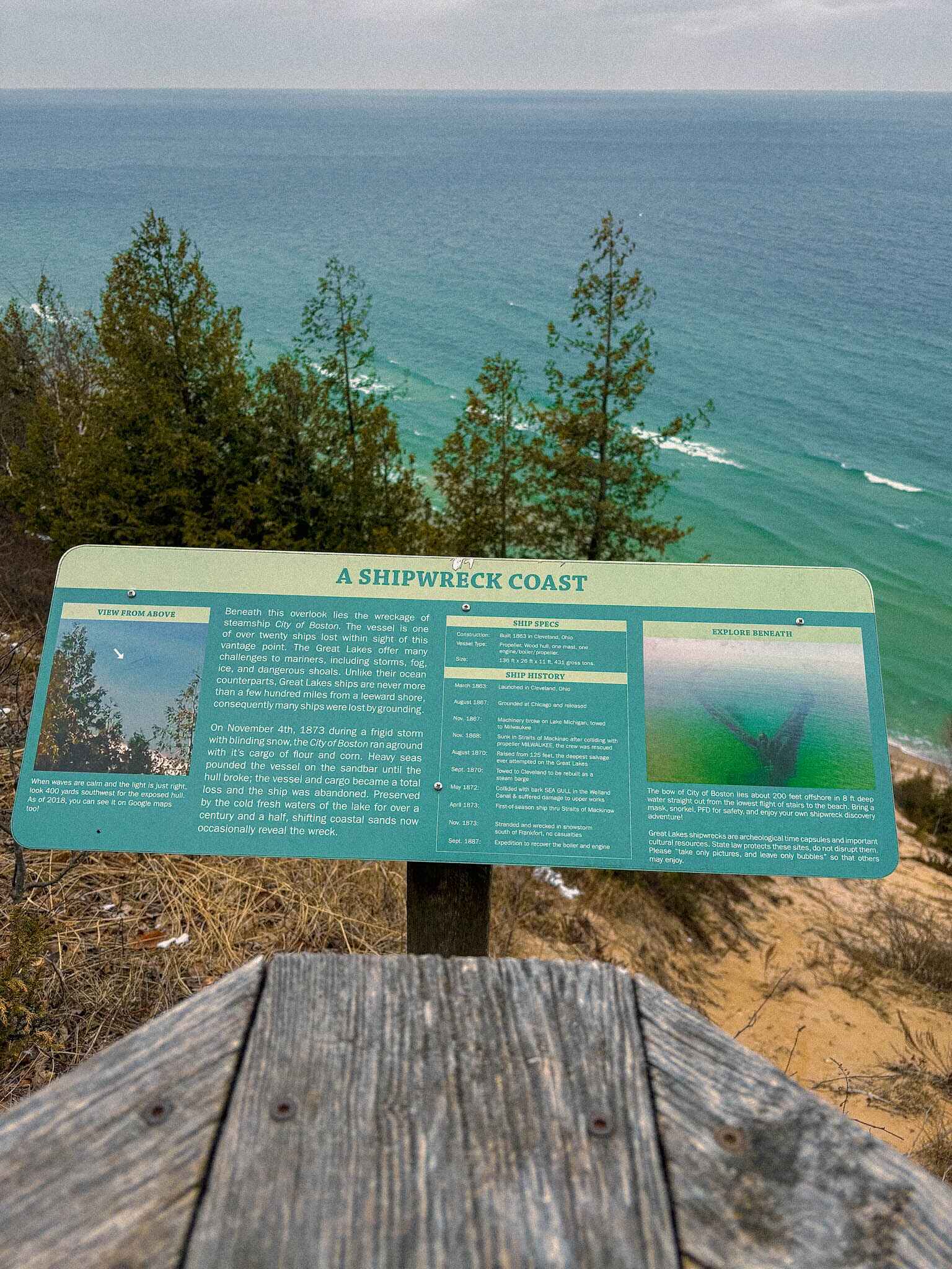 Image of a shipwreck sign while hiking the Lake Michigan coast near Frankfort, Michigan