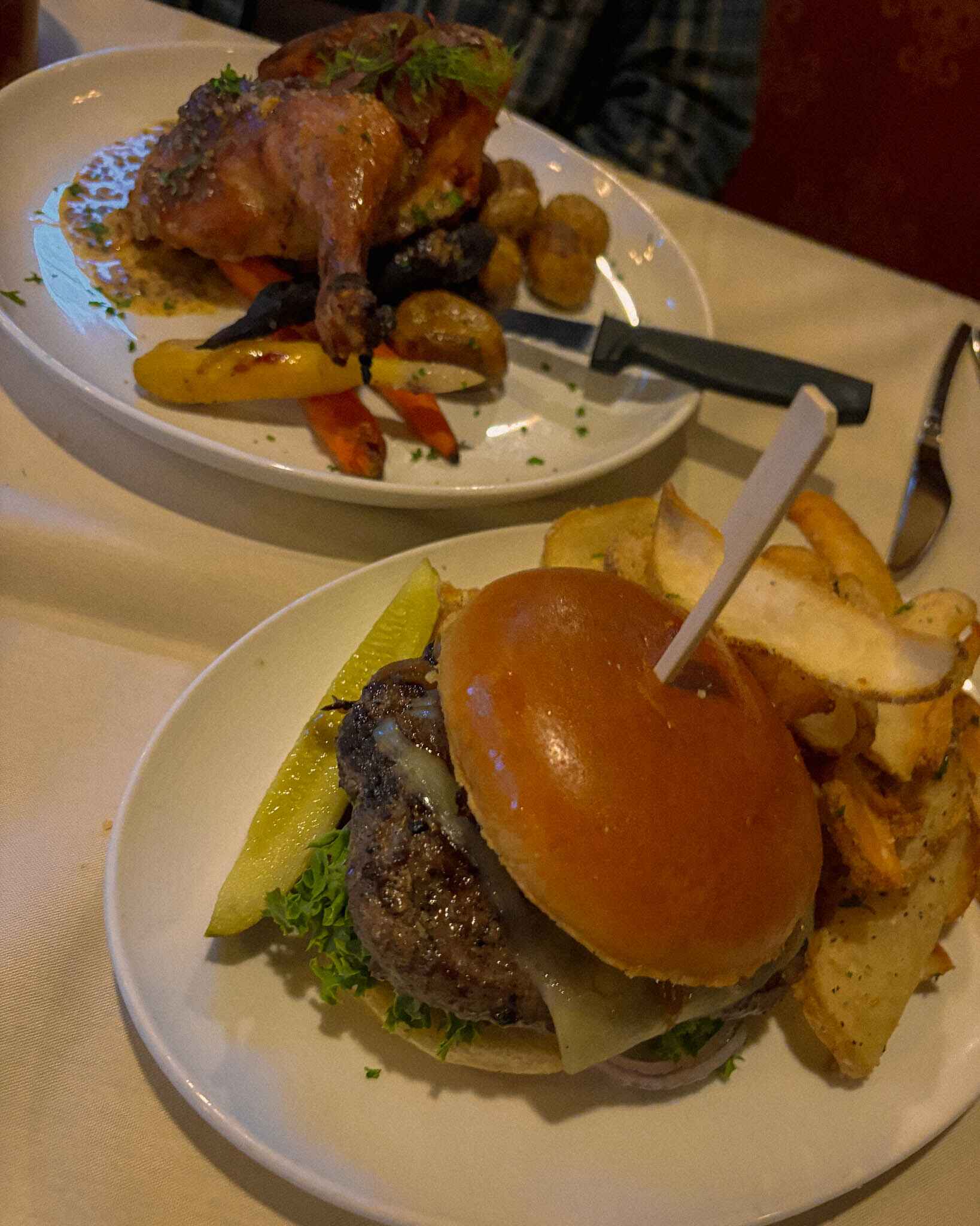 Burger and chicken roast from the Thistle Scottish Restaurant at Crystal Mountain Resort 