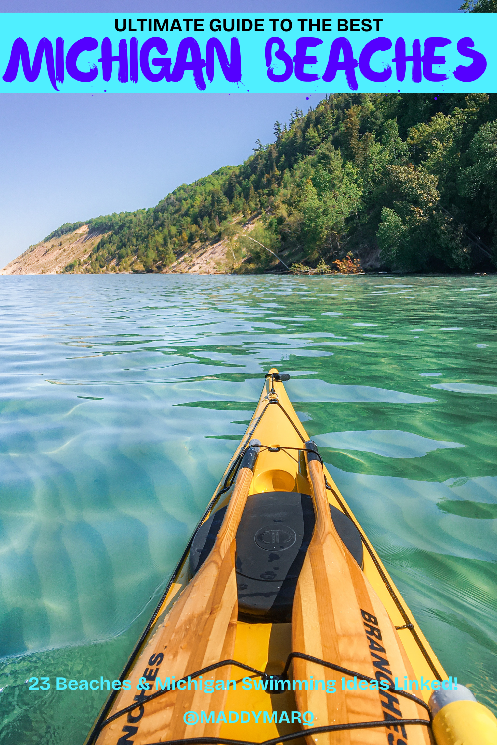 text ultimate gudie to the best michigan beaches over iamge of a kayak over crystal clear blue michigna water 