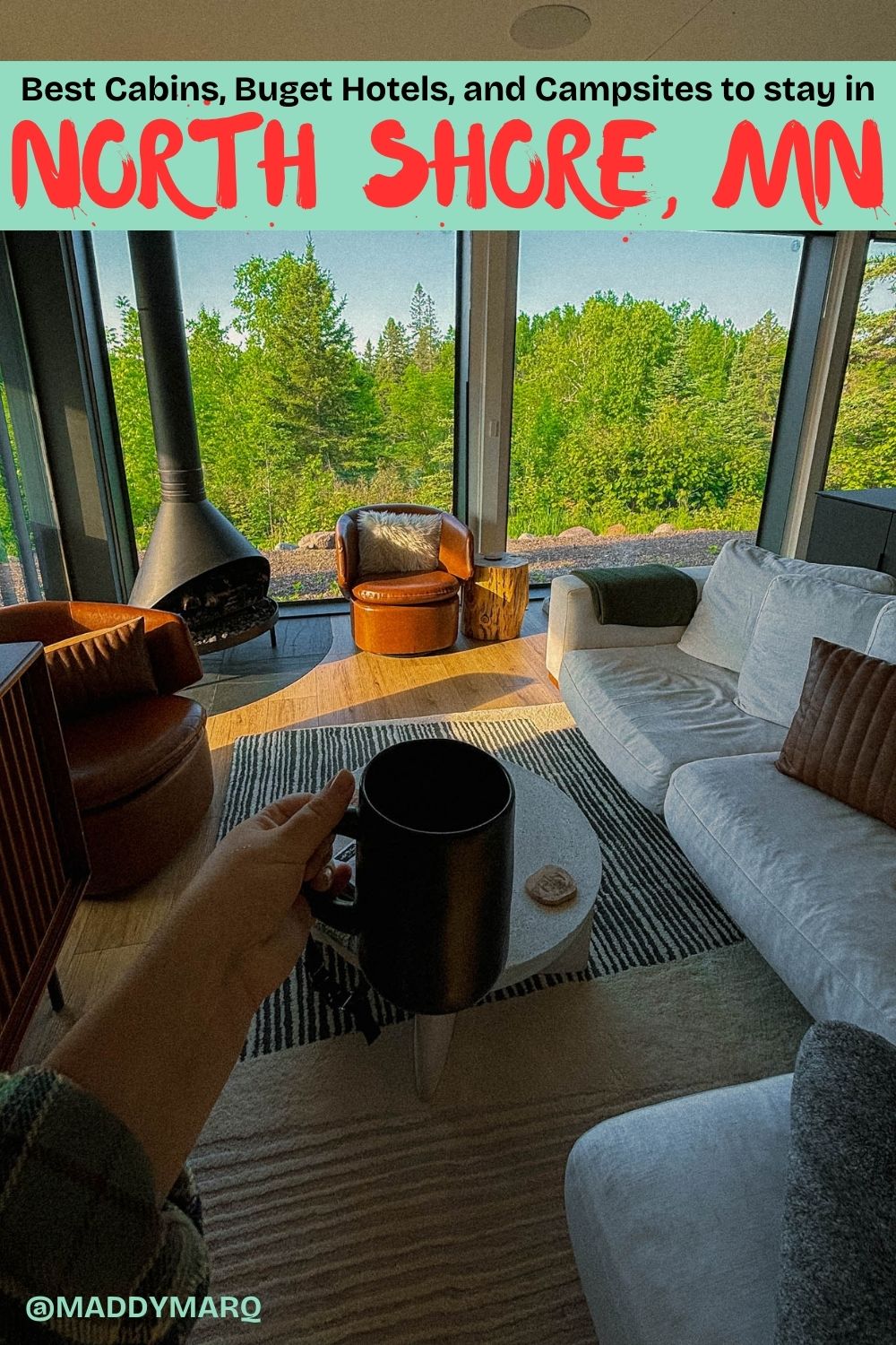 "Where to stay on the north shore" written over image of a woman holding a coffee cup in a cozy cabin