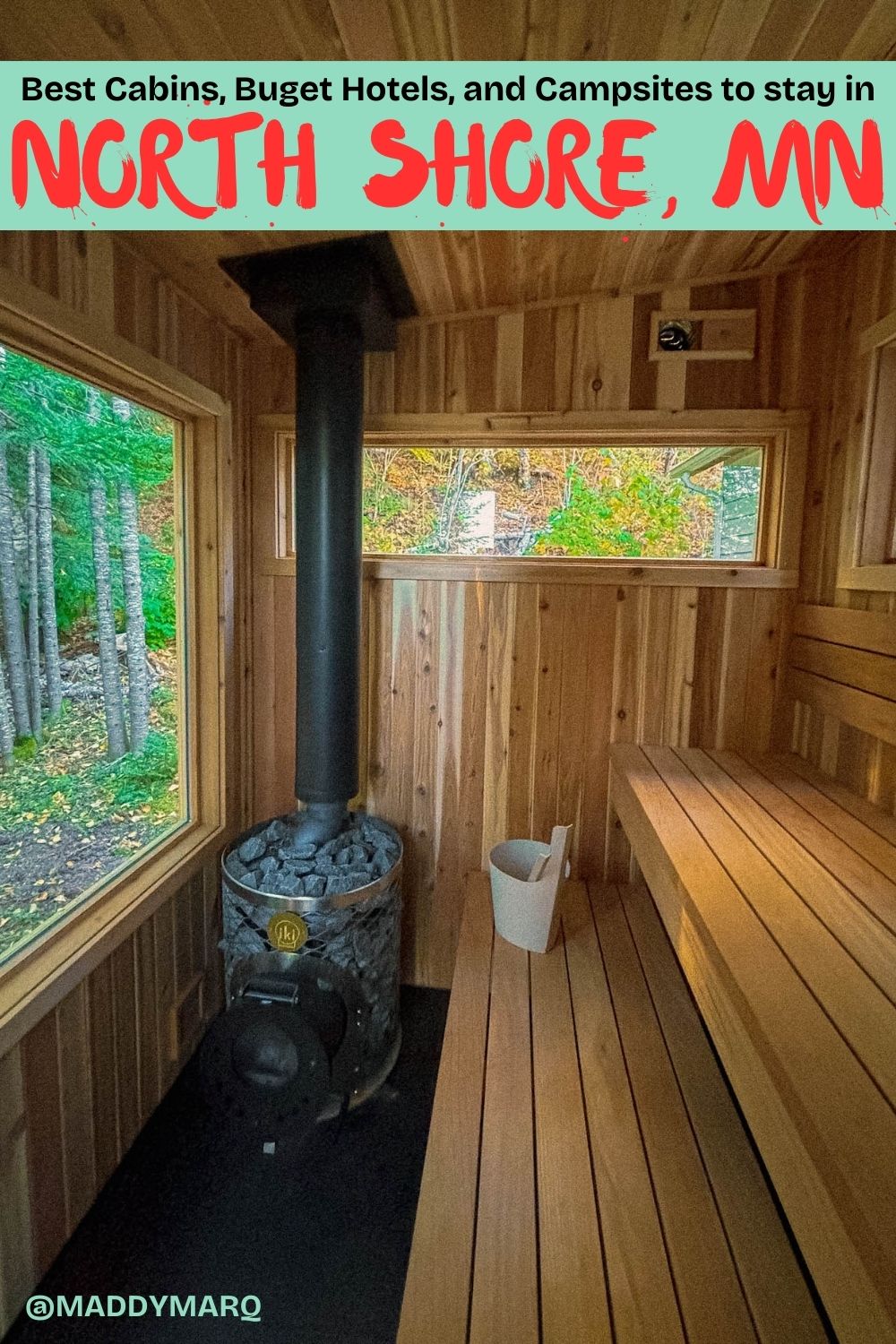 "Where to stay on the north shore" written over image of a sauna 