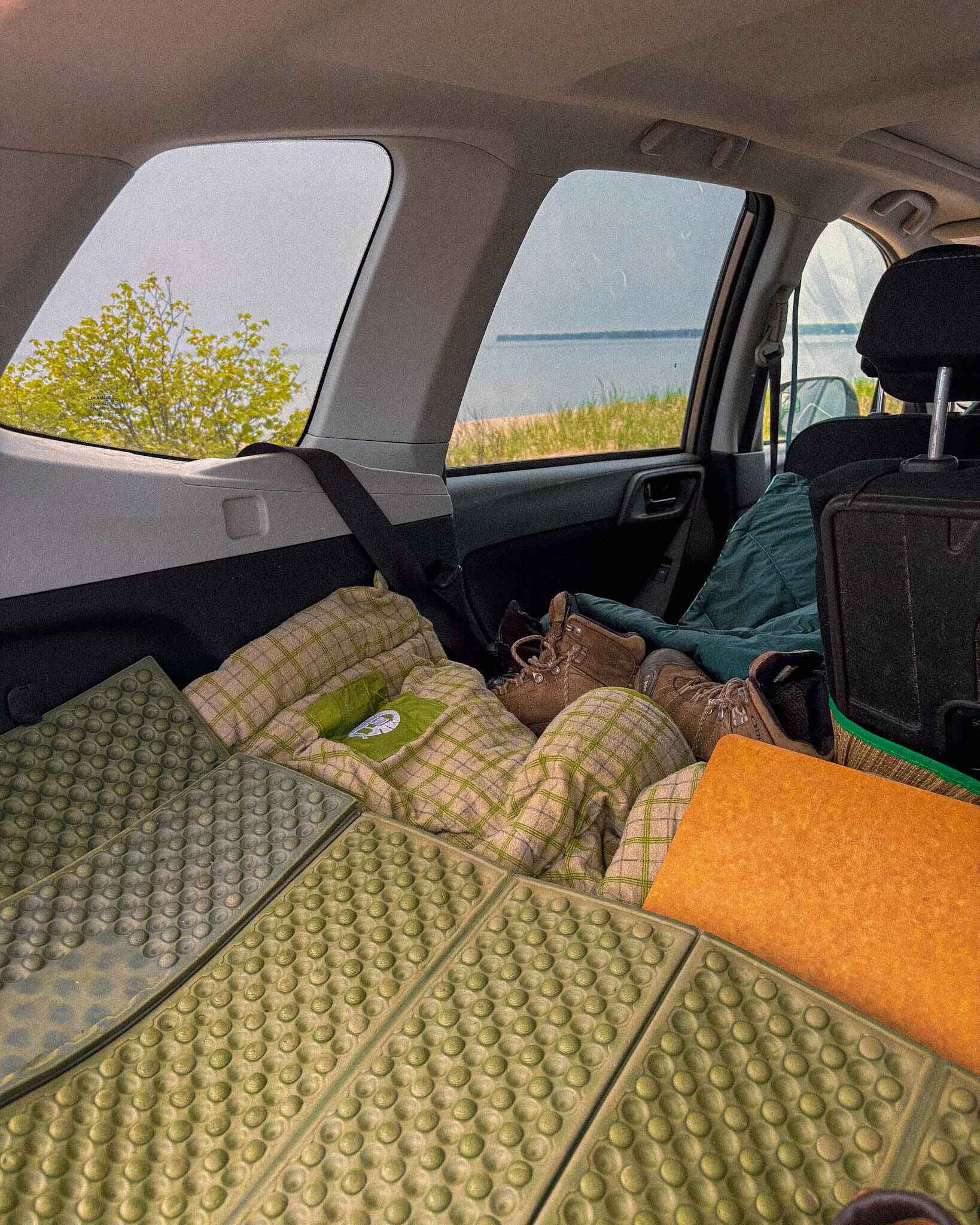 image of a closed cell foam sleeping pad in the back of a car