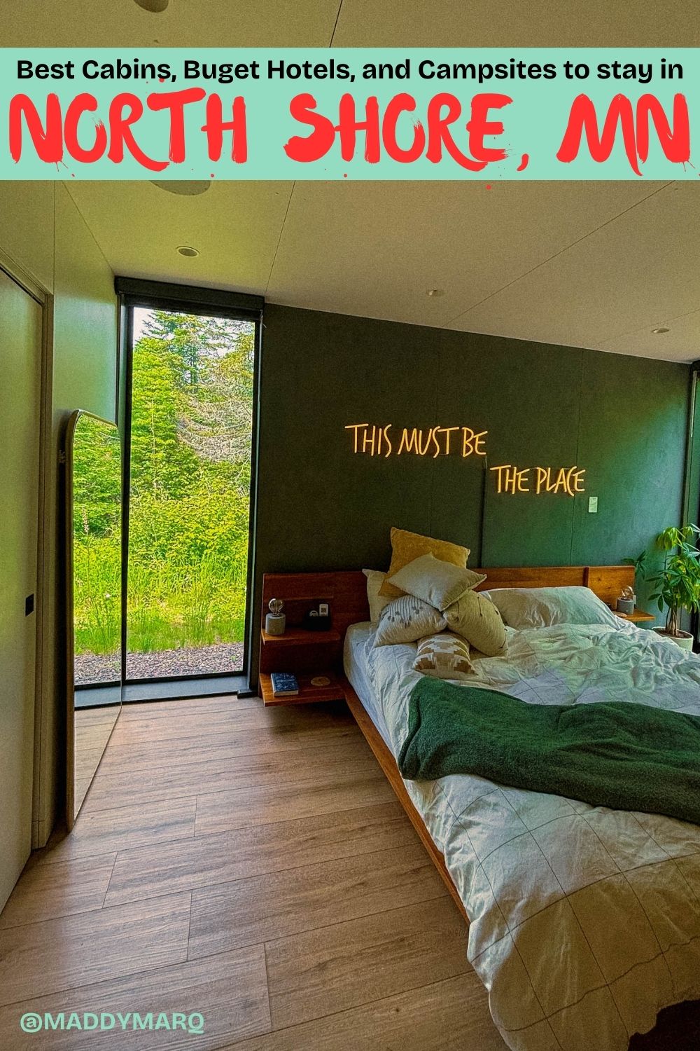 "Where to stay on the north shore" written over image of a a bed in a super cute room