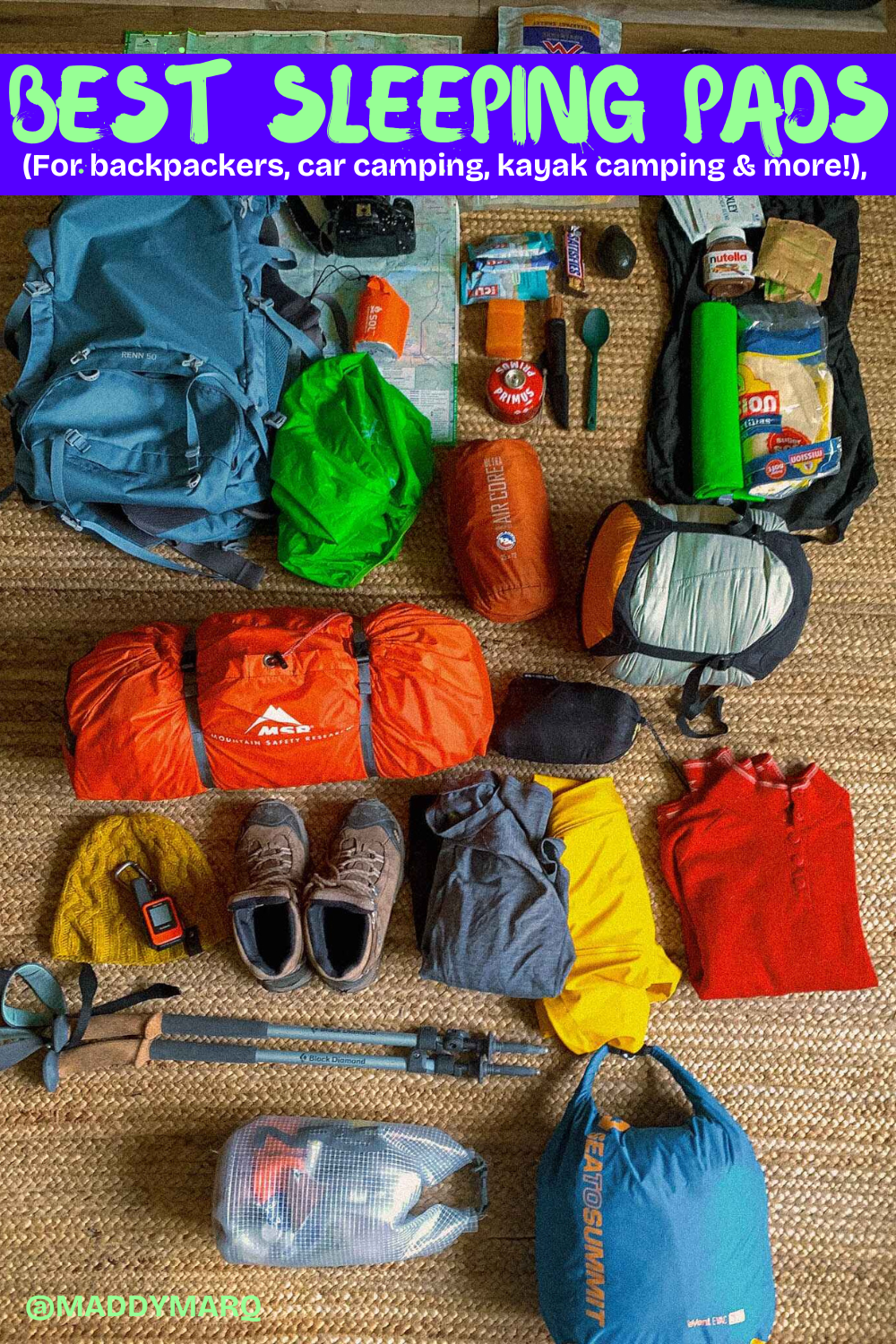 Text "best sleeping pads for backpacking and camping" over image of a flat lay of a variety of backpacking gear