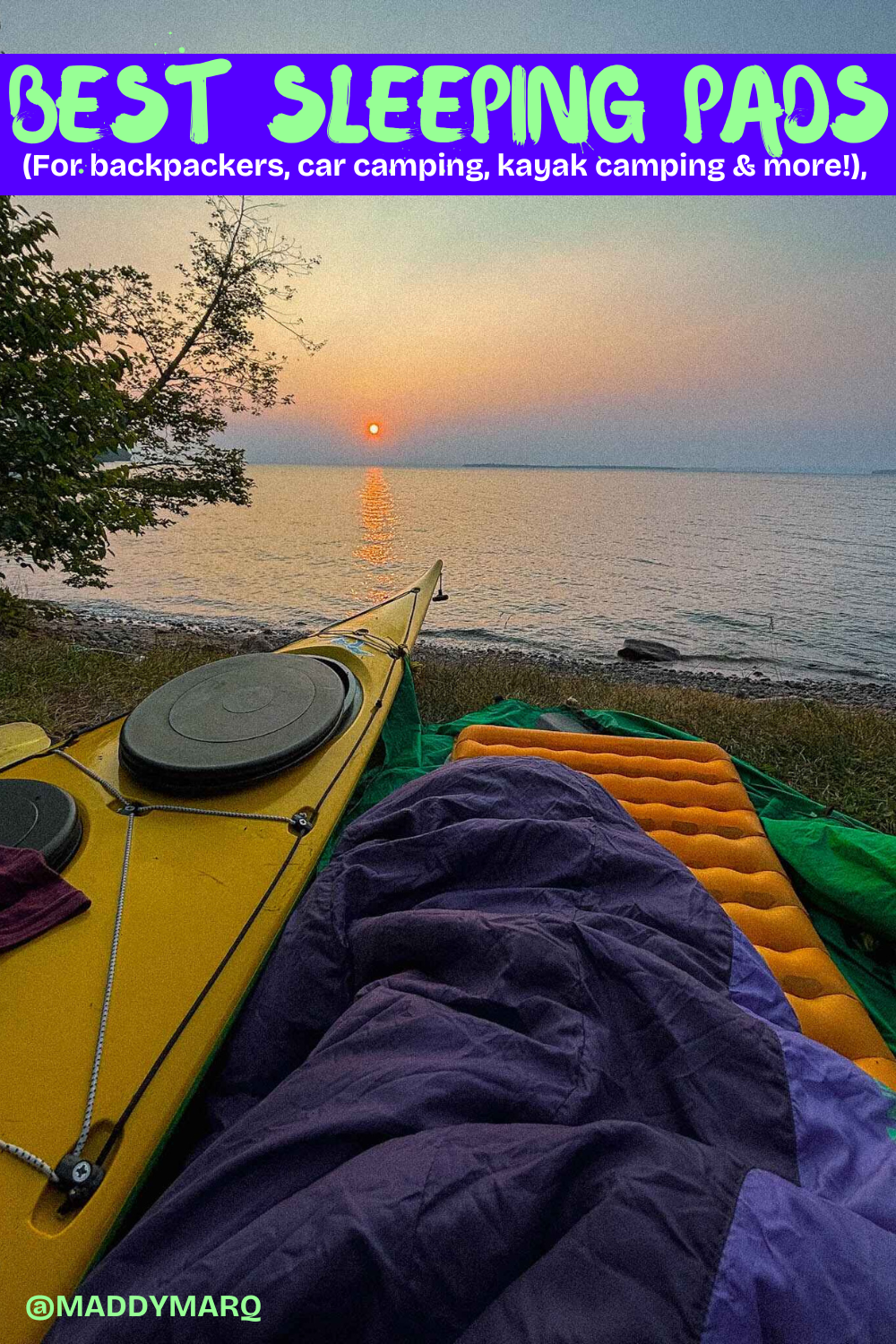 Text "best sleeping pads for backpacking and camping" over image of a cowboy camping set up in the Apostle Islands.