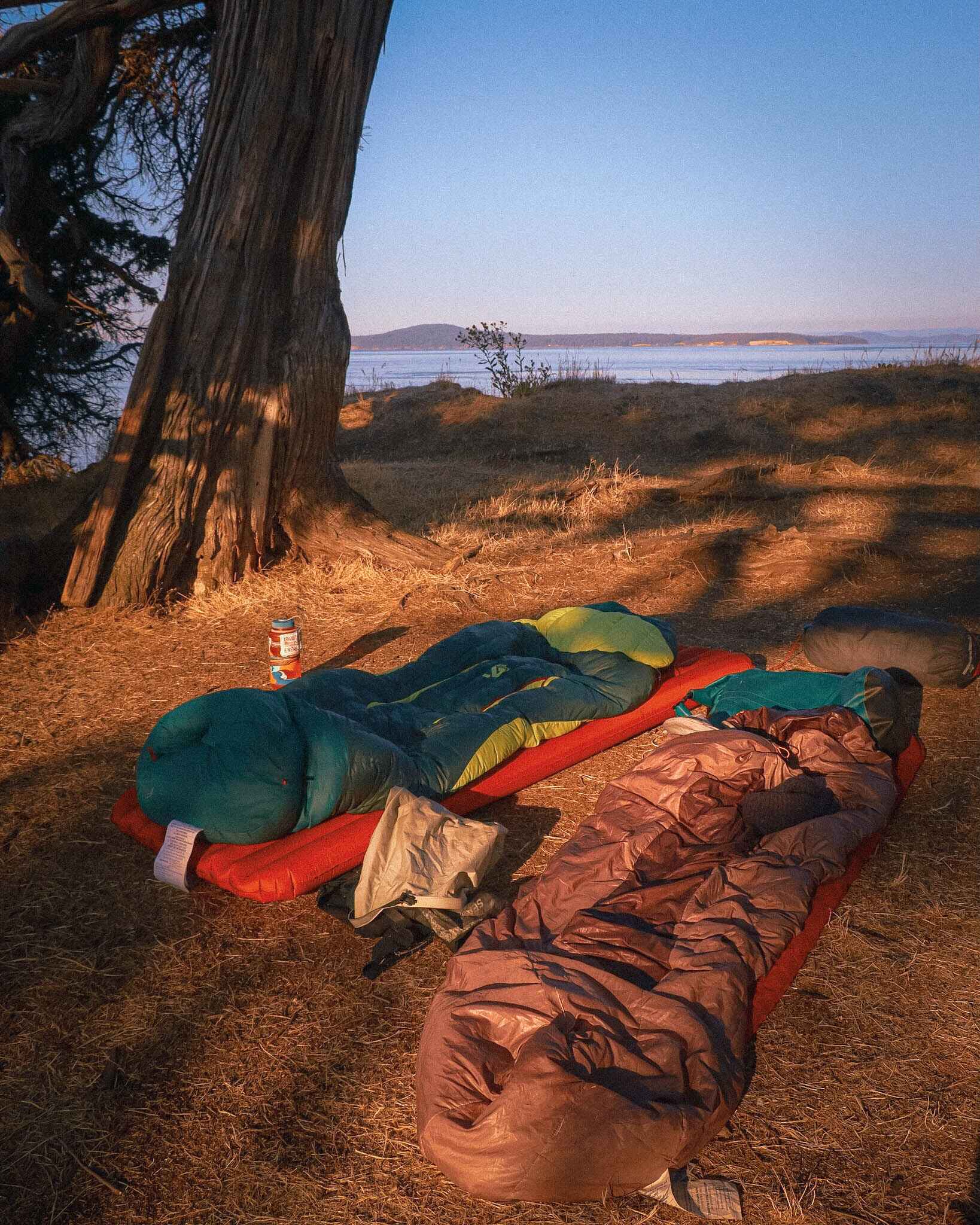 Image of two sleeping bags on sleeping pads laying on the ground at a cowboy camp in the san juan islands, washington