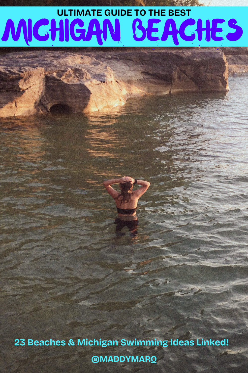 text best beaches in michigan over image of a hiker swimming in a cove in the pictured rocks national lakeshore