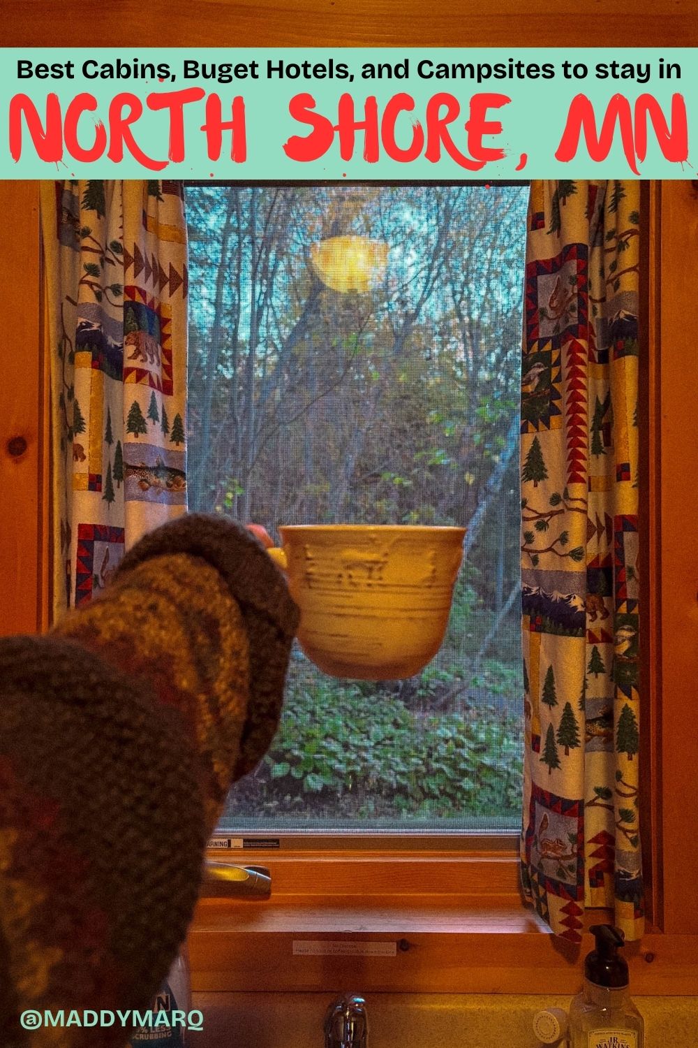 "Where to stay on the north shore" written over image of a woman holding a coffee cup in a cabin