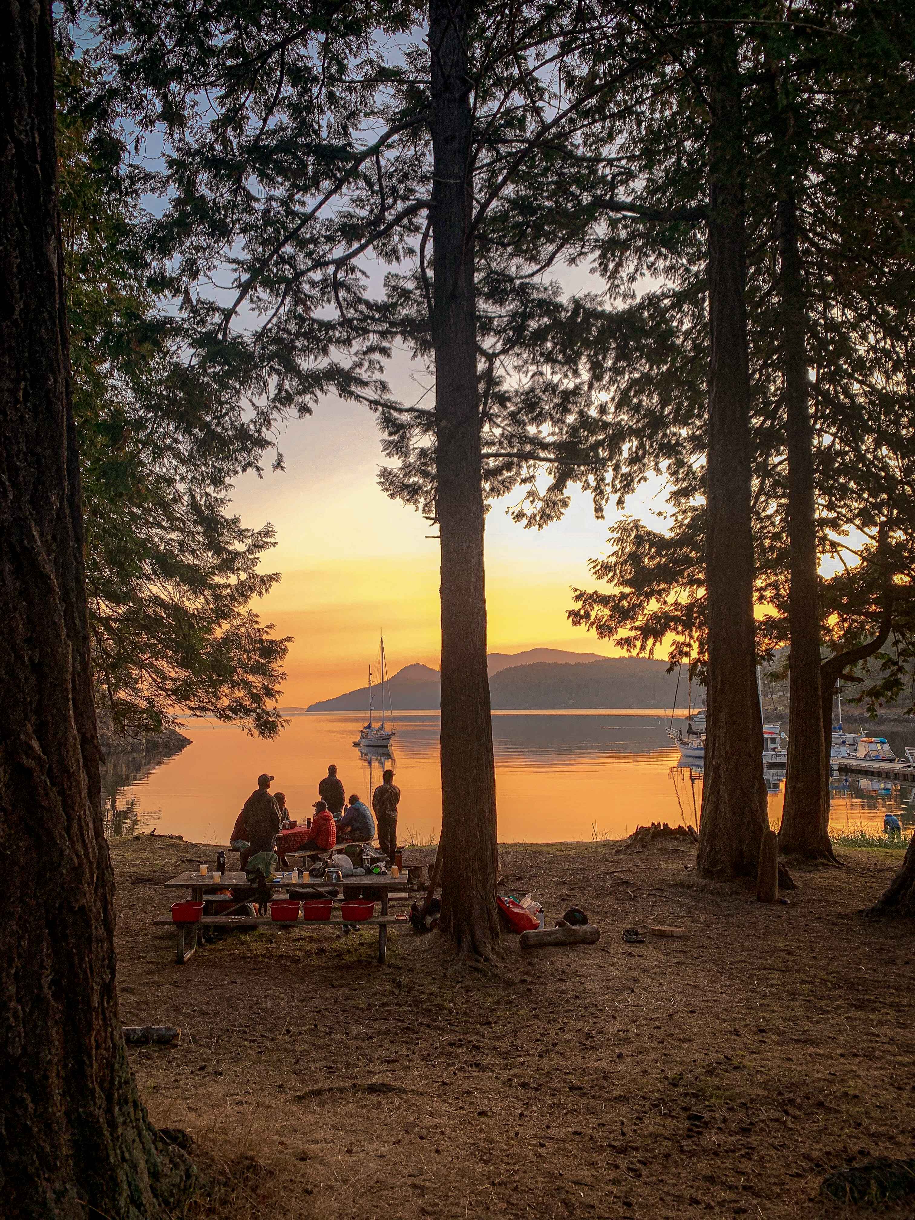 Image of a campsite in the san juan islands at sunset