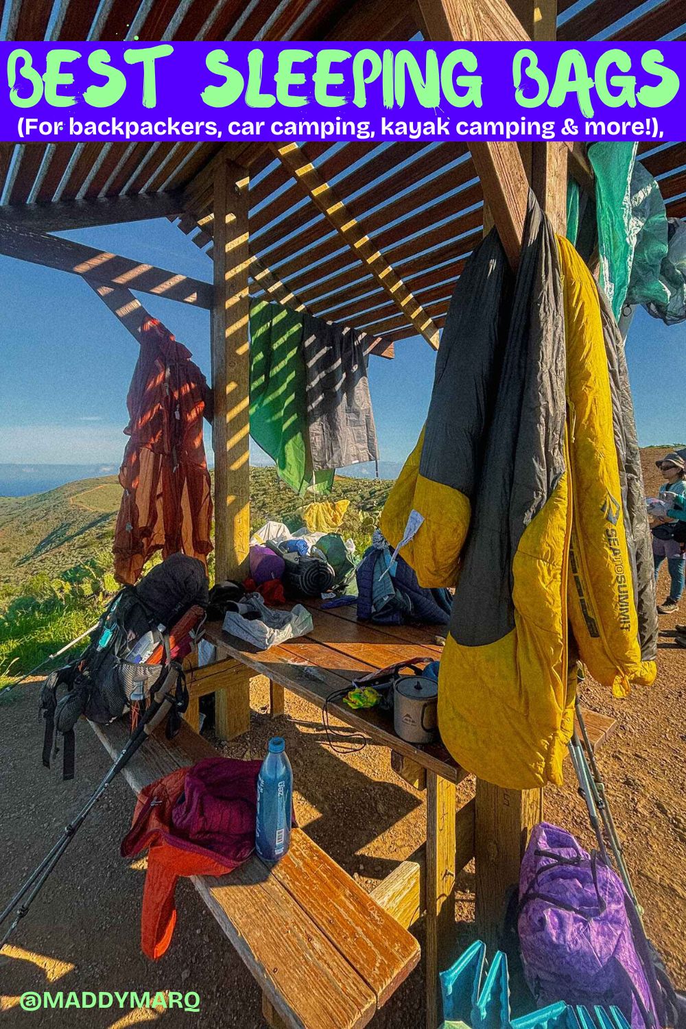 text best sleeping bags over image of sleeping bags drying on a pergola 