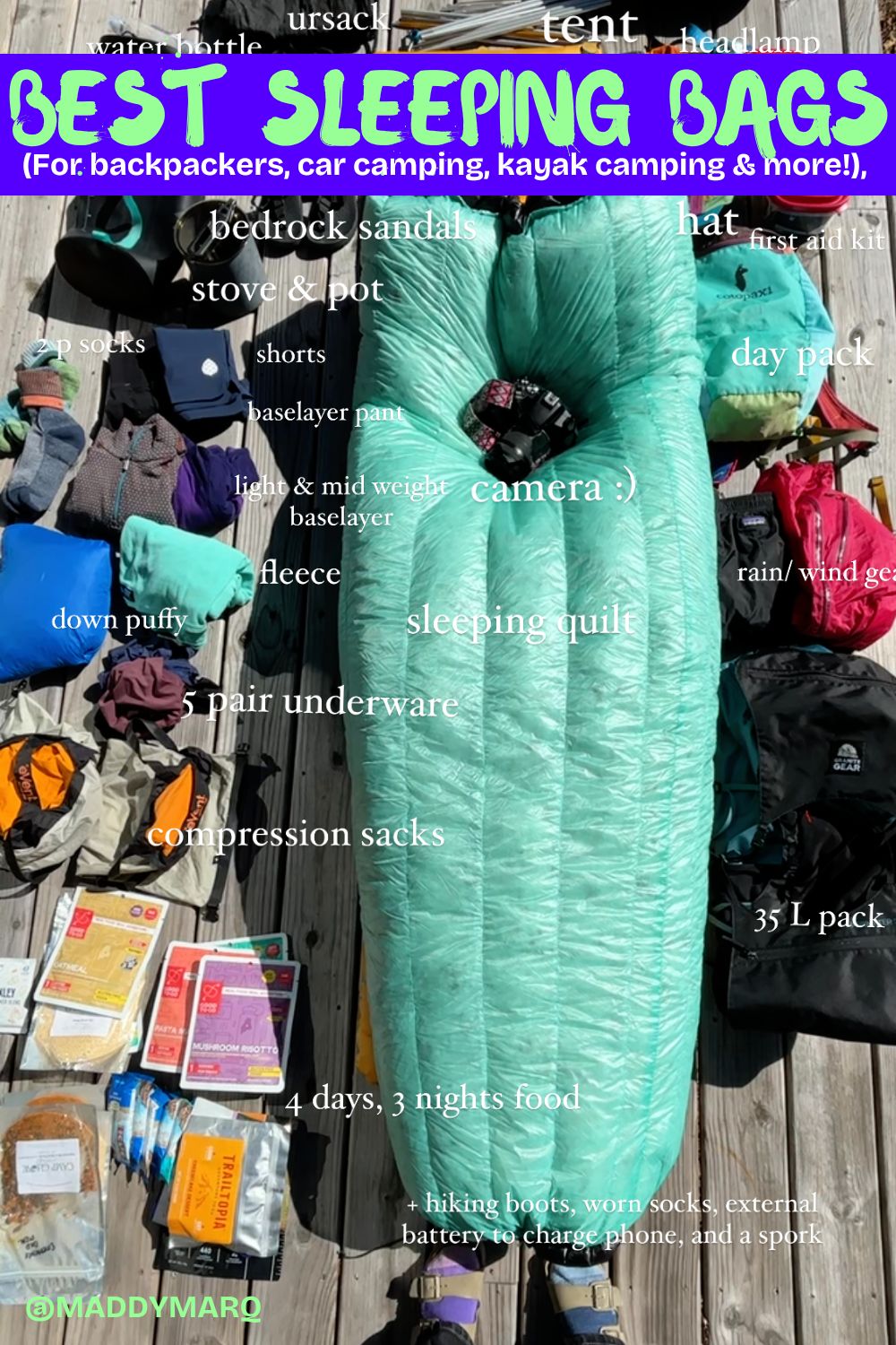 text best sleeping bags over image of a backpacker's flat lay of gear to pack