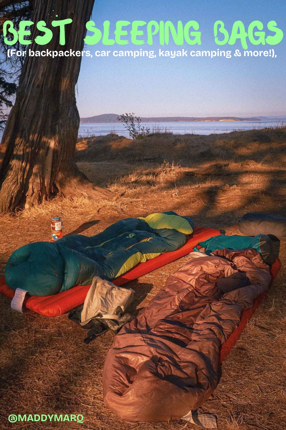 text best sleeping bags written over image of sleeping bags set up on a bluff over the ocean at a cowboy camping setup