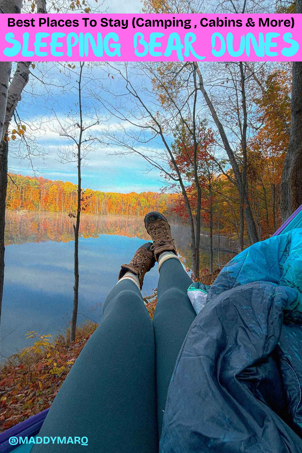 text "best places to stay in the sleeping bear dunes cabins camping and more" over image of a woman in a hammock