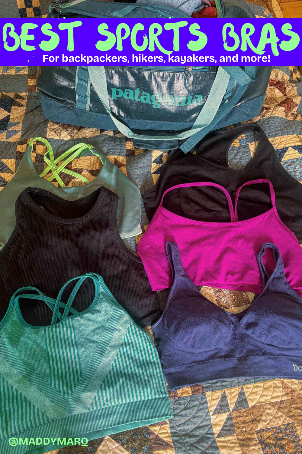 text best sports bras for backpackers, hikers, kayakers and more over image of sports bras on a bed