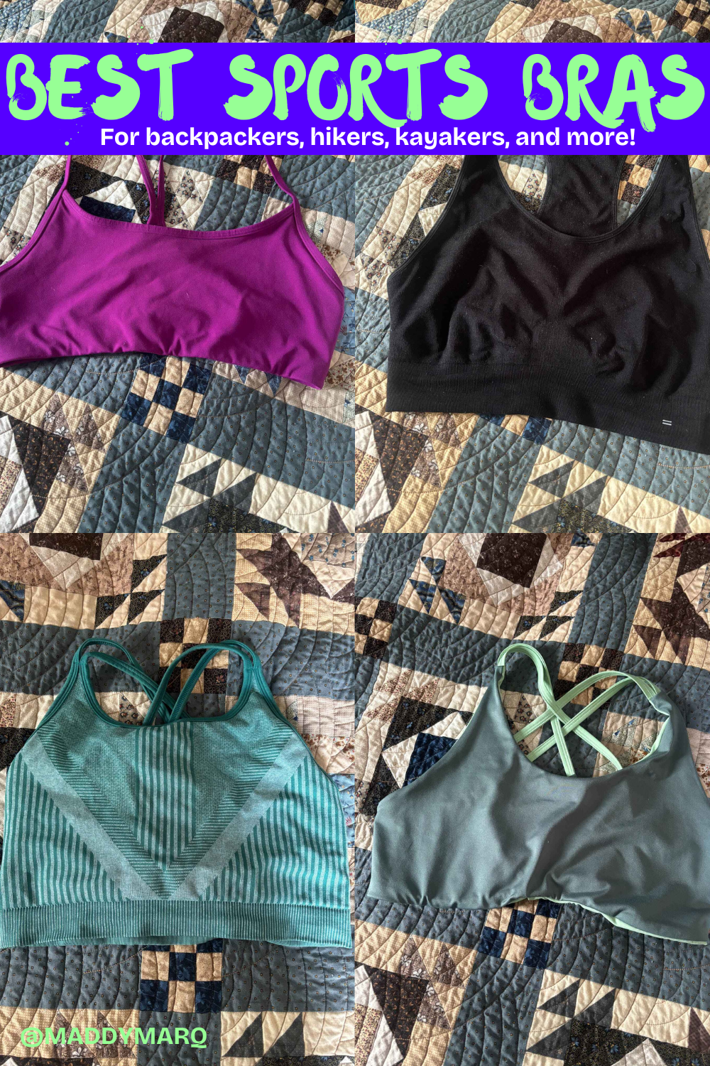 text best sports bras for backpackers, hikers, kayakers and more over image of four sports bras spread on a bed
