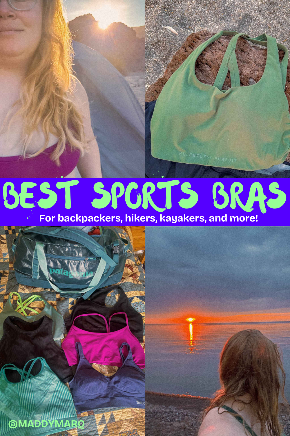 text best sports bras for backpackers, hikers, kayakers and more over image of a woman in a sports bra, a sports bra on a rock, sports bras spread on a bed, and a woman by a lake with the sun setting wearing a sports bra
