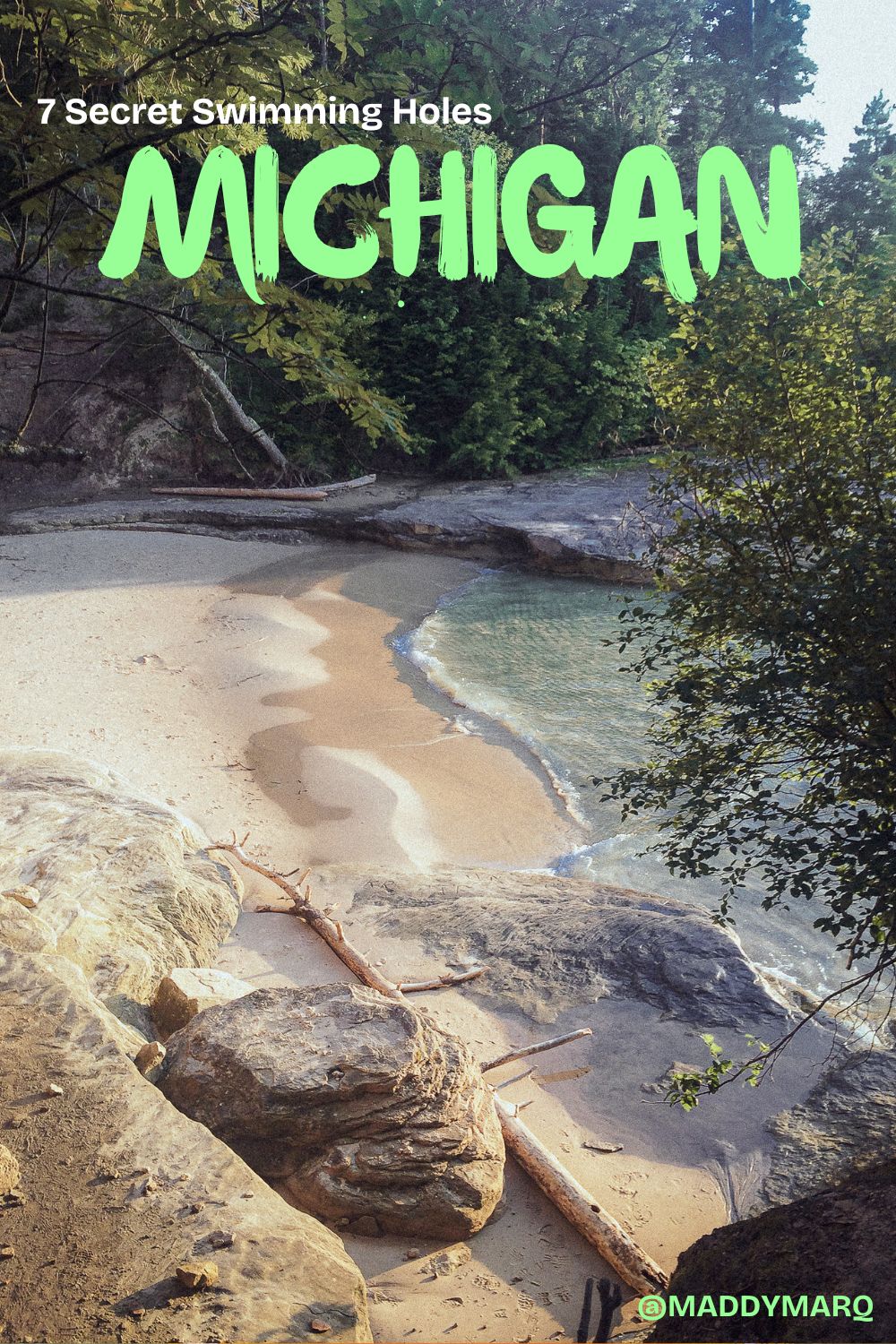 best swimming spots in michigan written over image of a hidden beach in the upper peninsula