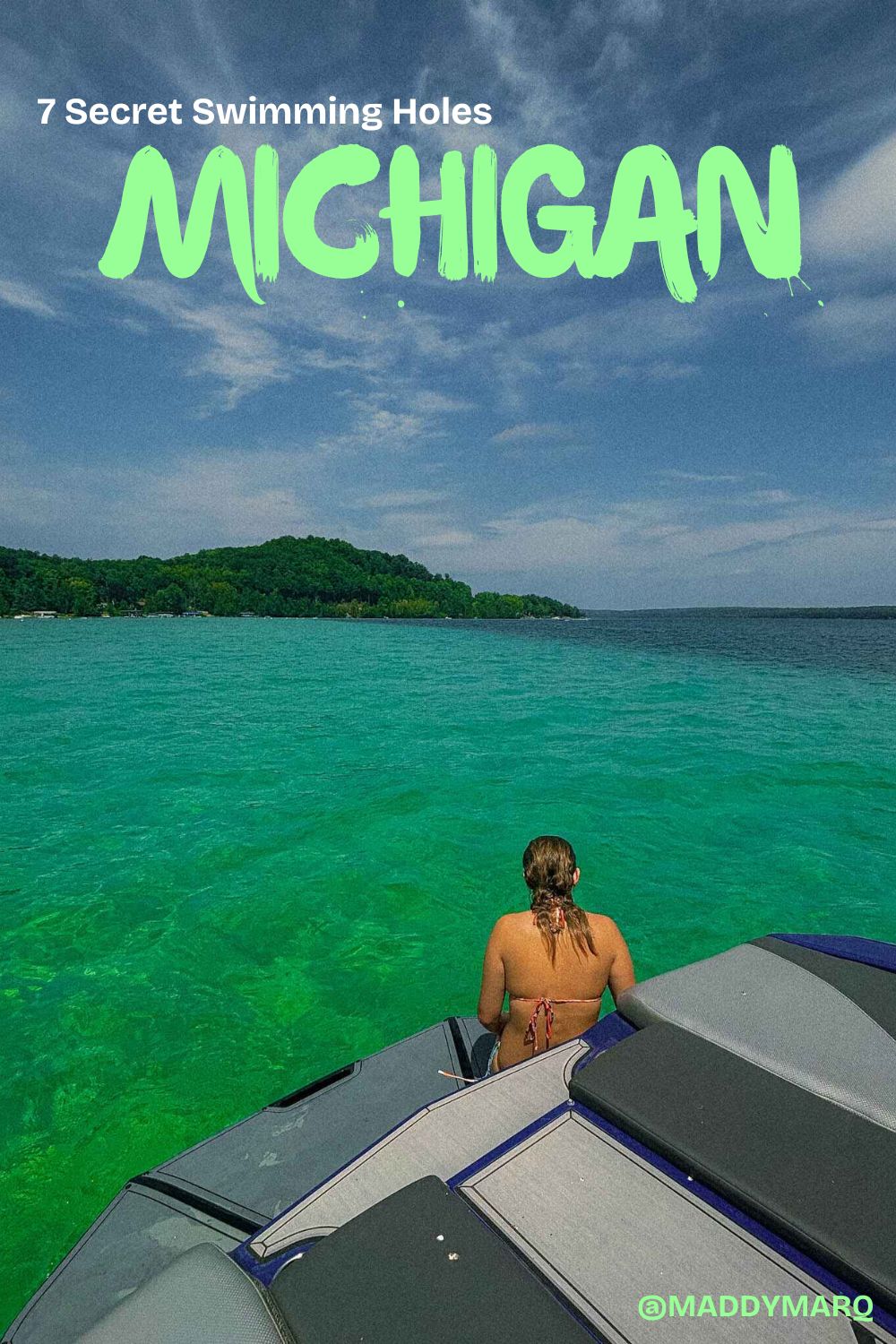 text seven secret swimming holes in michigan written over image of a woman sitting at the edge of a boat on torch lake
