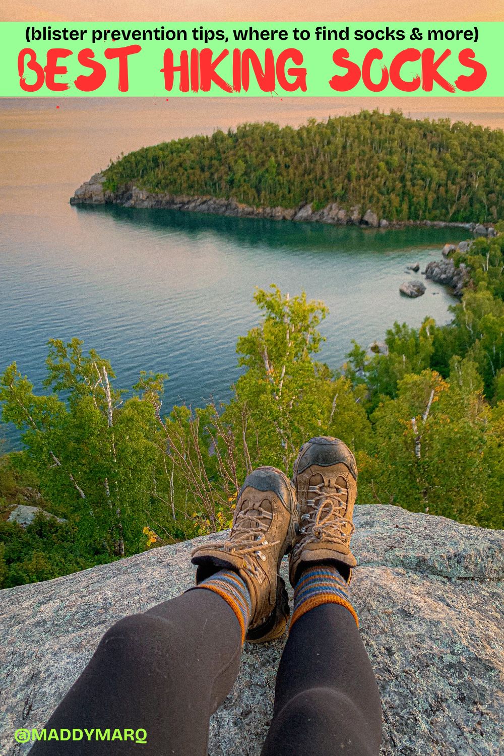 text " best hiking socks, blister prevention tips and more" written over image of a hikers feet with darn tough socks dangling over a scenic overlook