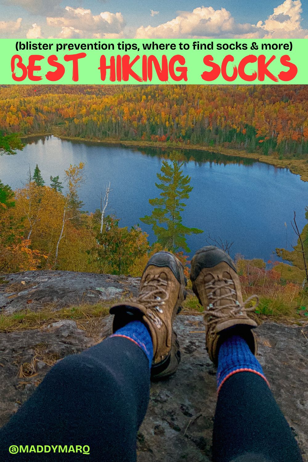 text " best hiking socks, blister prevention tips and more" written over image of a hikers feet with darn tough socks dangling over a scenic overlook