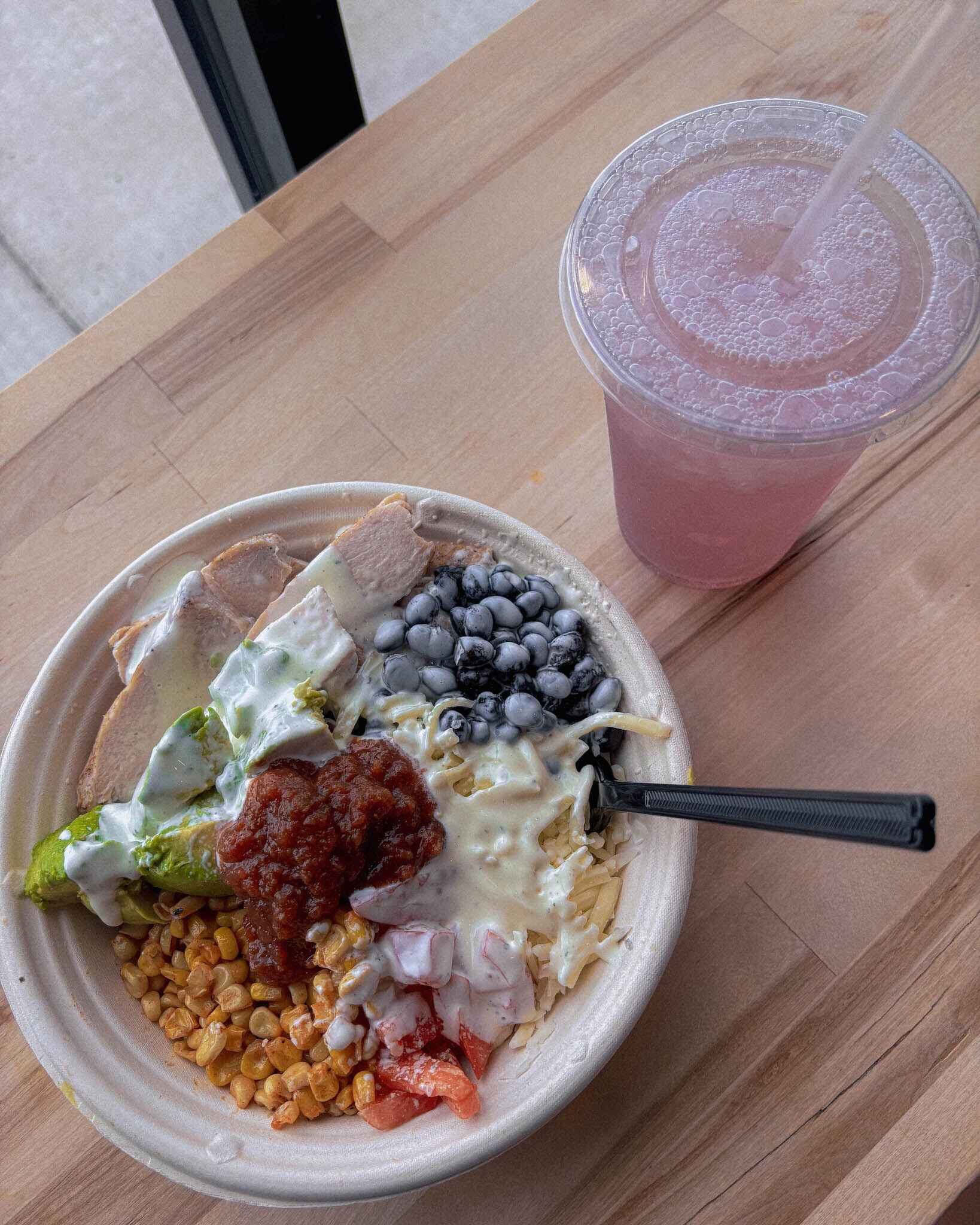 Burrito bowl and lavender lemondade at never better in battle lake, minnesota
