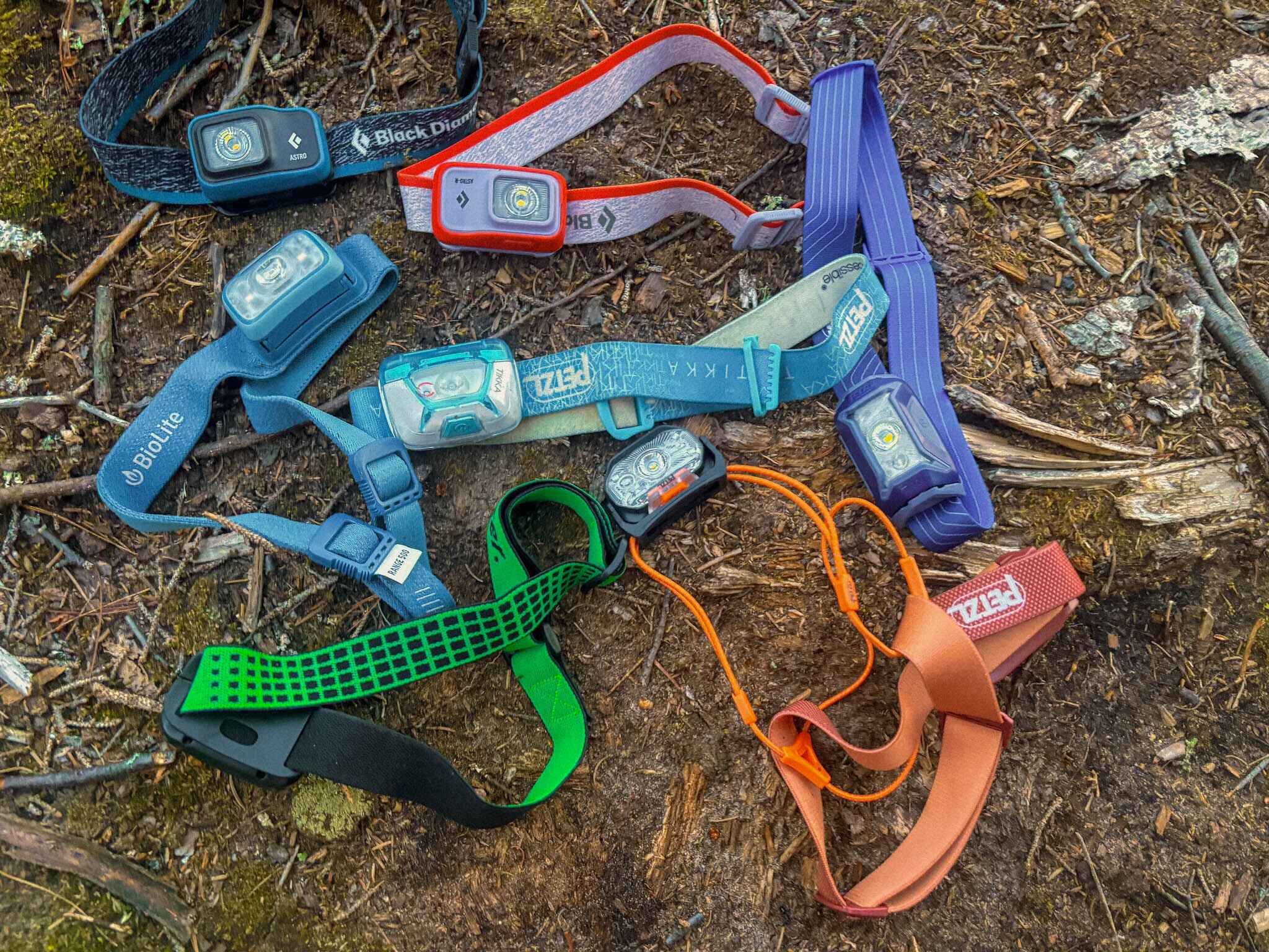 a pile of headlamps sit on the forest floor