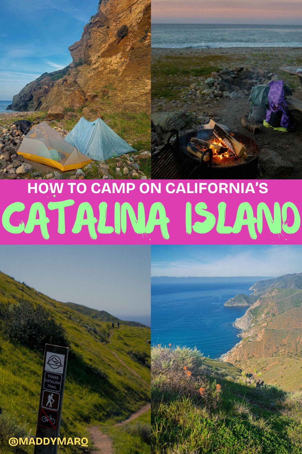 text "how to camp on california's catalina island" over image collage of hiking along the california cost on catalina island and campsites