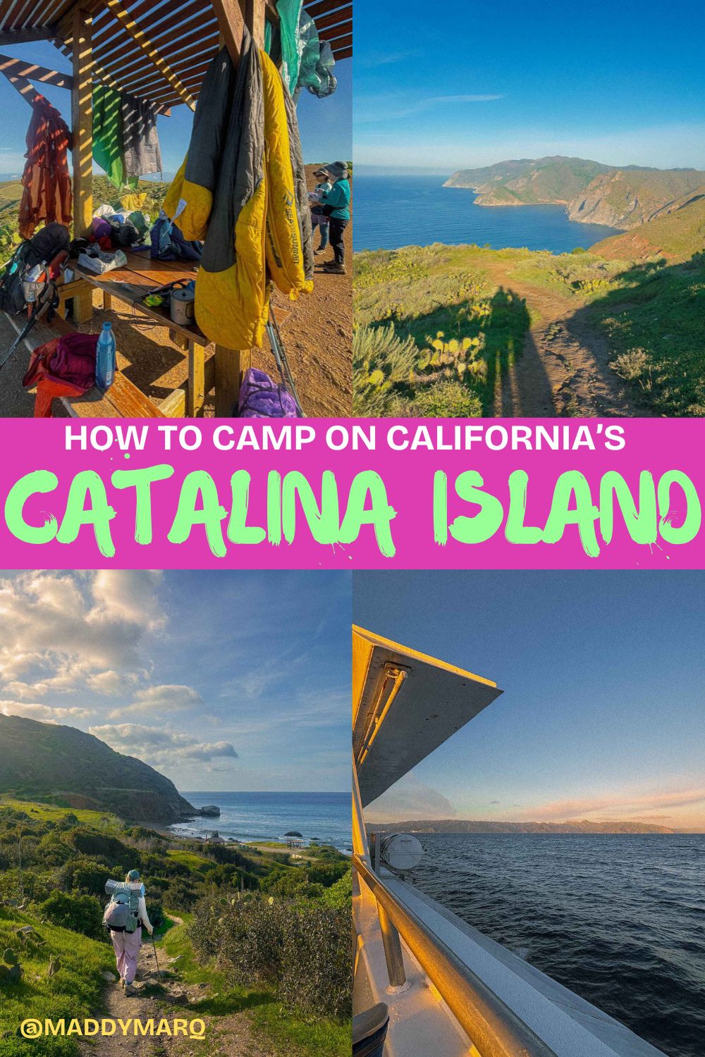 text "how to camp on california's catalina island" over image collage of hiking along the california cost on catalina island and campsites