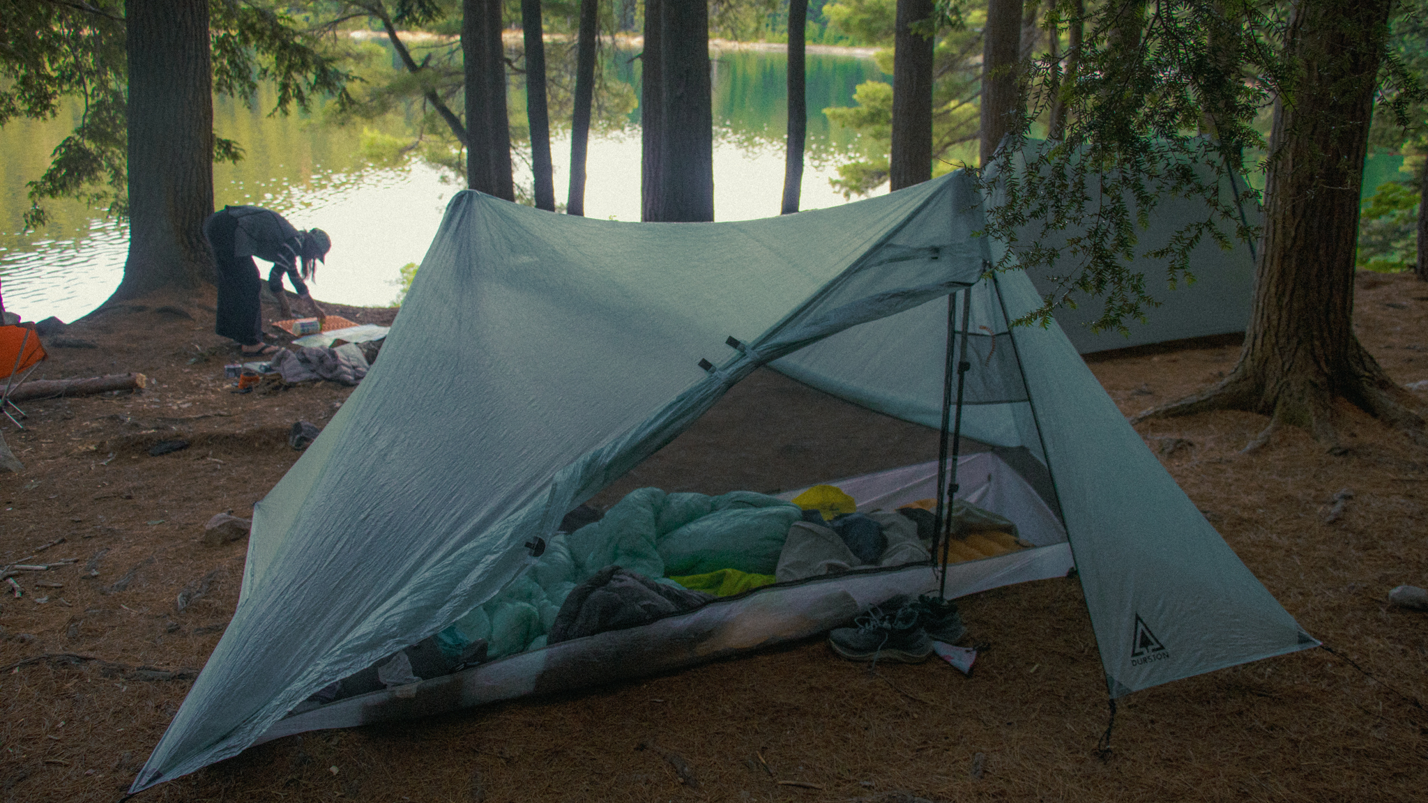 image of a durston trekking pole tent at a campsite on the La Cloche Silhouette Backpacking Trail