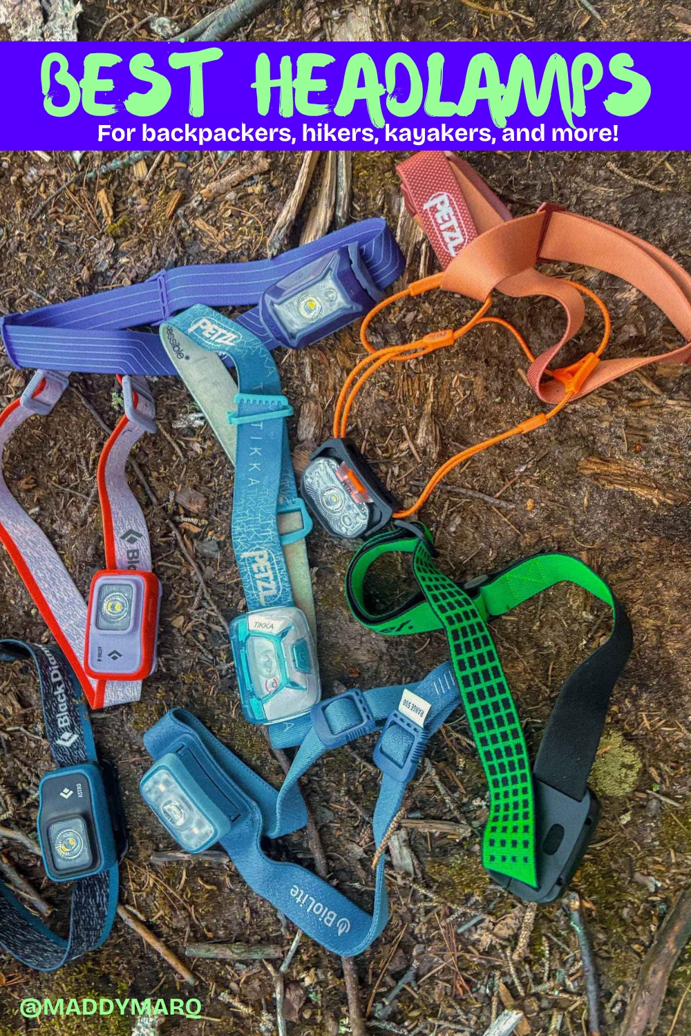 text best headlamps for backpackers written over image of a pile of headlamps
