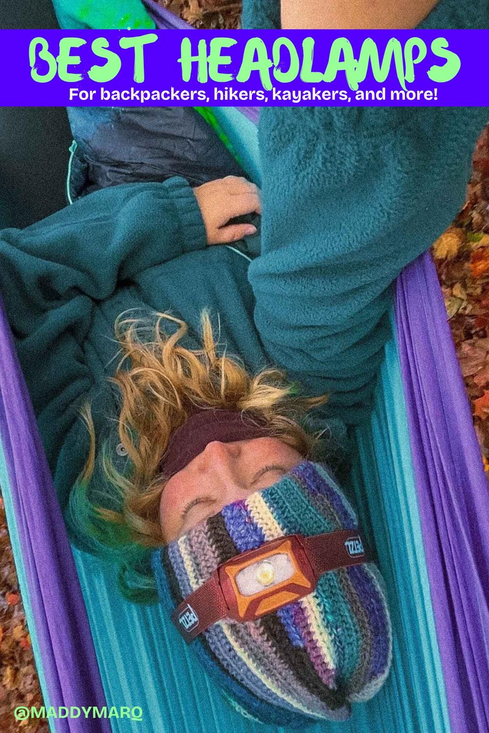 text best headlamps for camping over image of a woman hammock camping