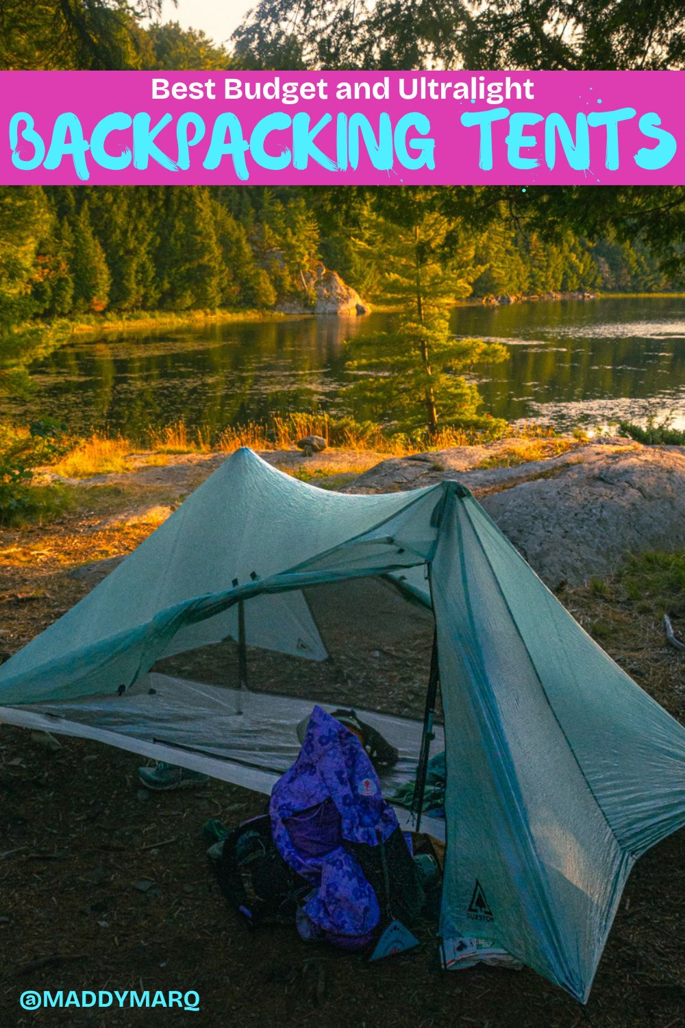 Best Budget and Ultralight Backpacking tents written over image of a durston trekking pole tent set up near the water in the Canadian Wilderness