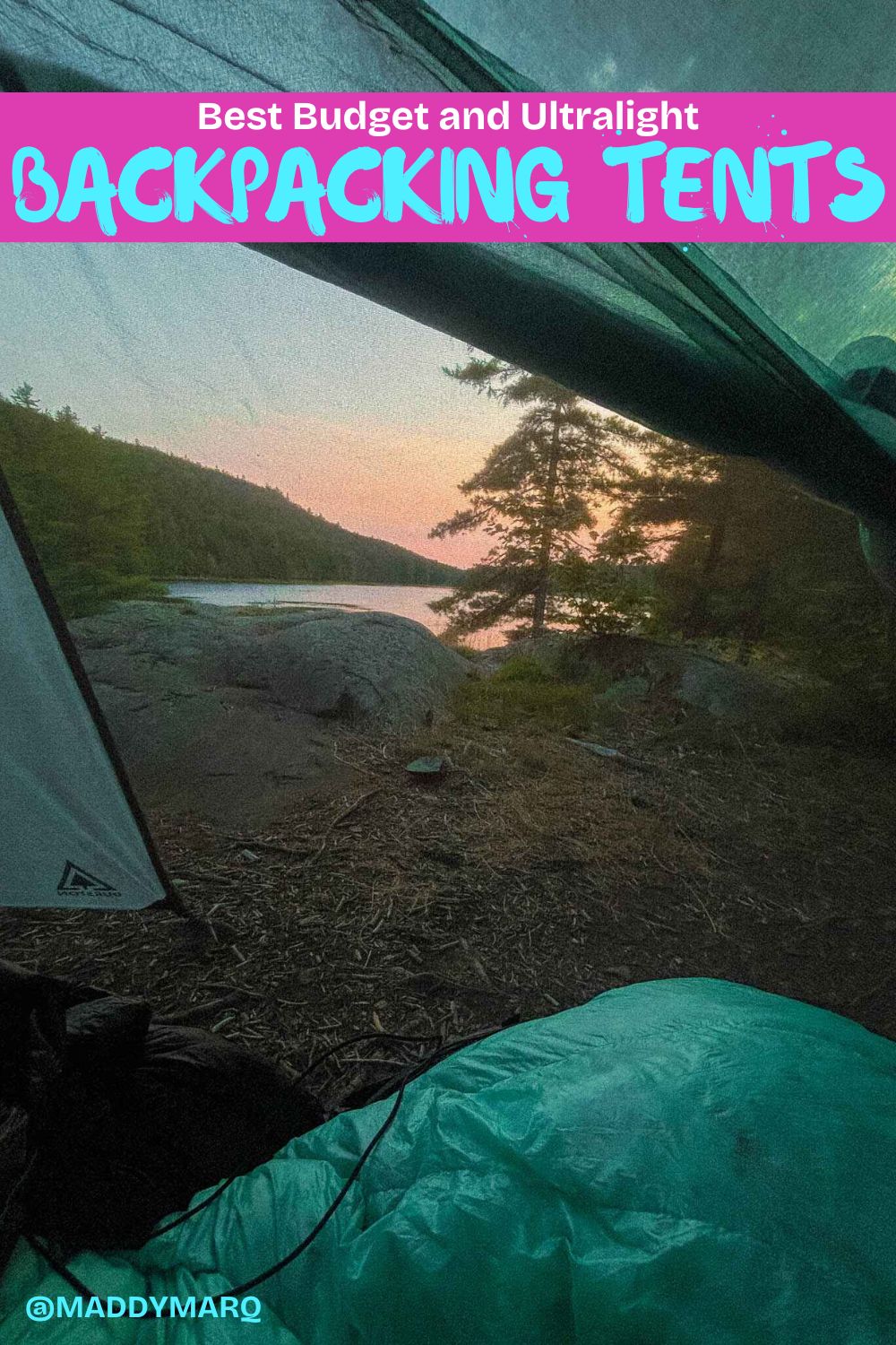 Best Budget and Ultralight Backpacking tents written over image of a durston trekking pole tent set up near the water in the Canadian Wilderness