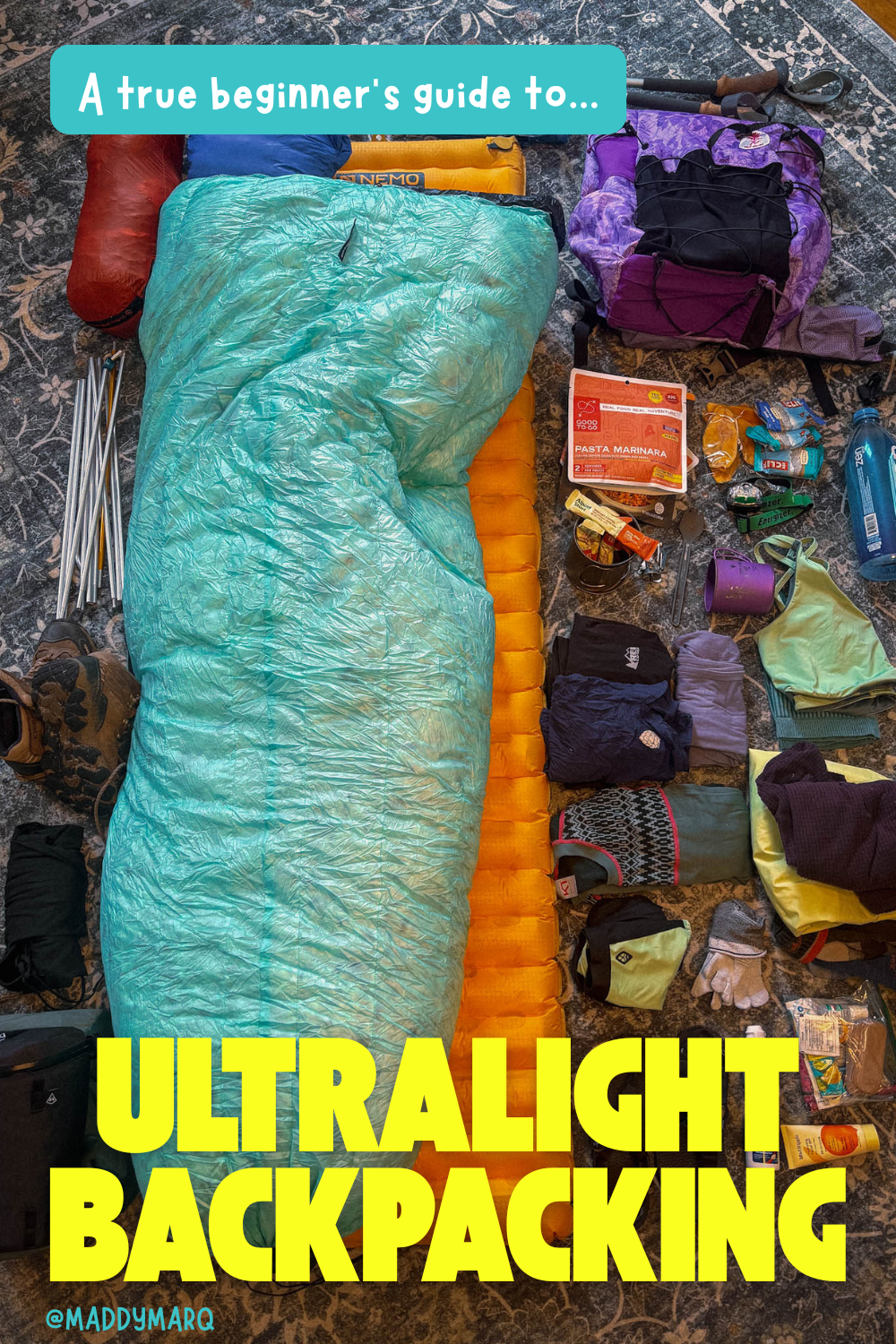 text a true beginner's guide to ultralight backpacking over image of a flat lay of backpacking gear on a floor