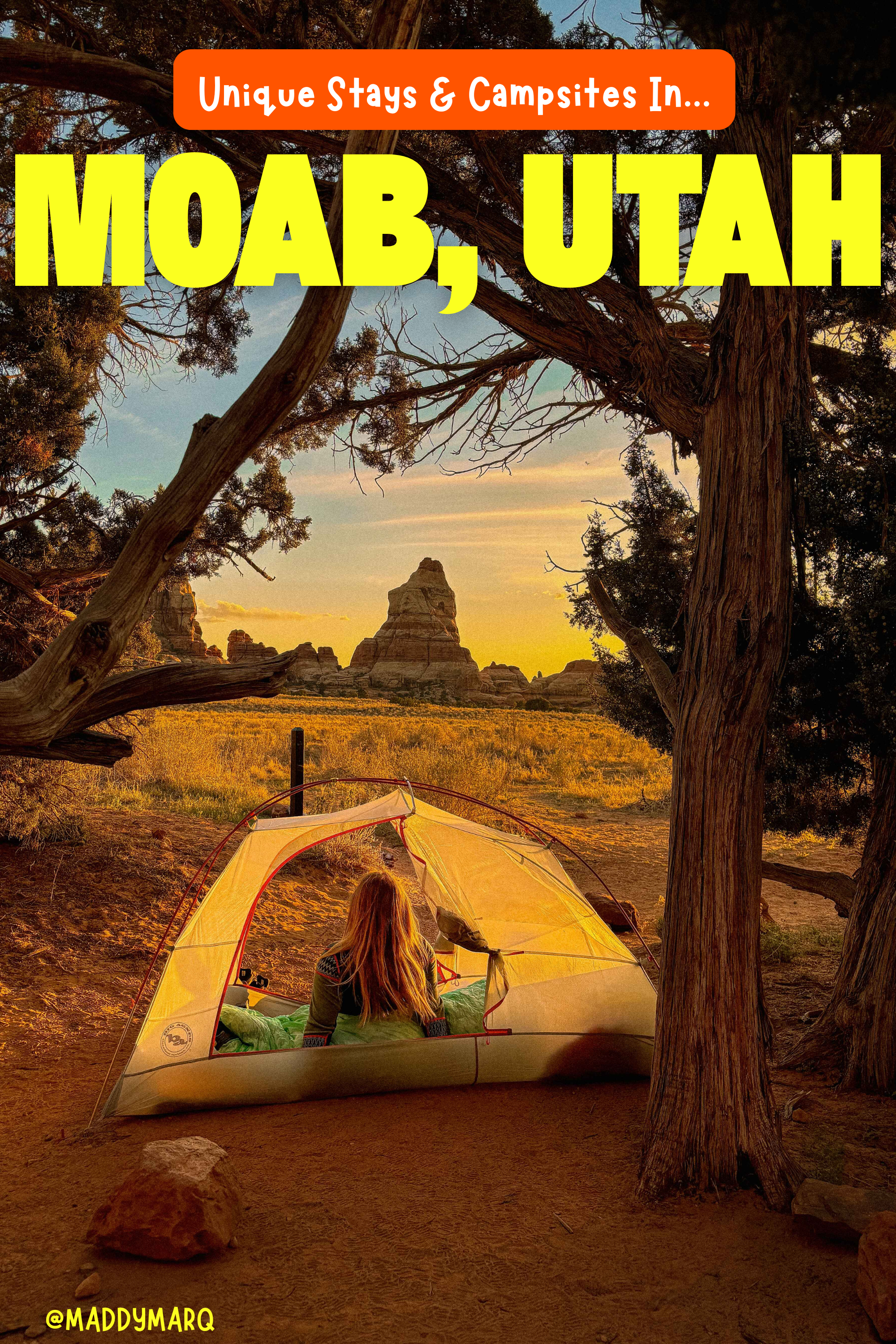 text unique stays and campsites in moab utah over image of a hiker lounging in a tent at a campsite