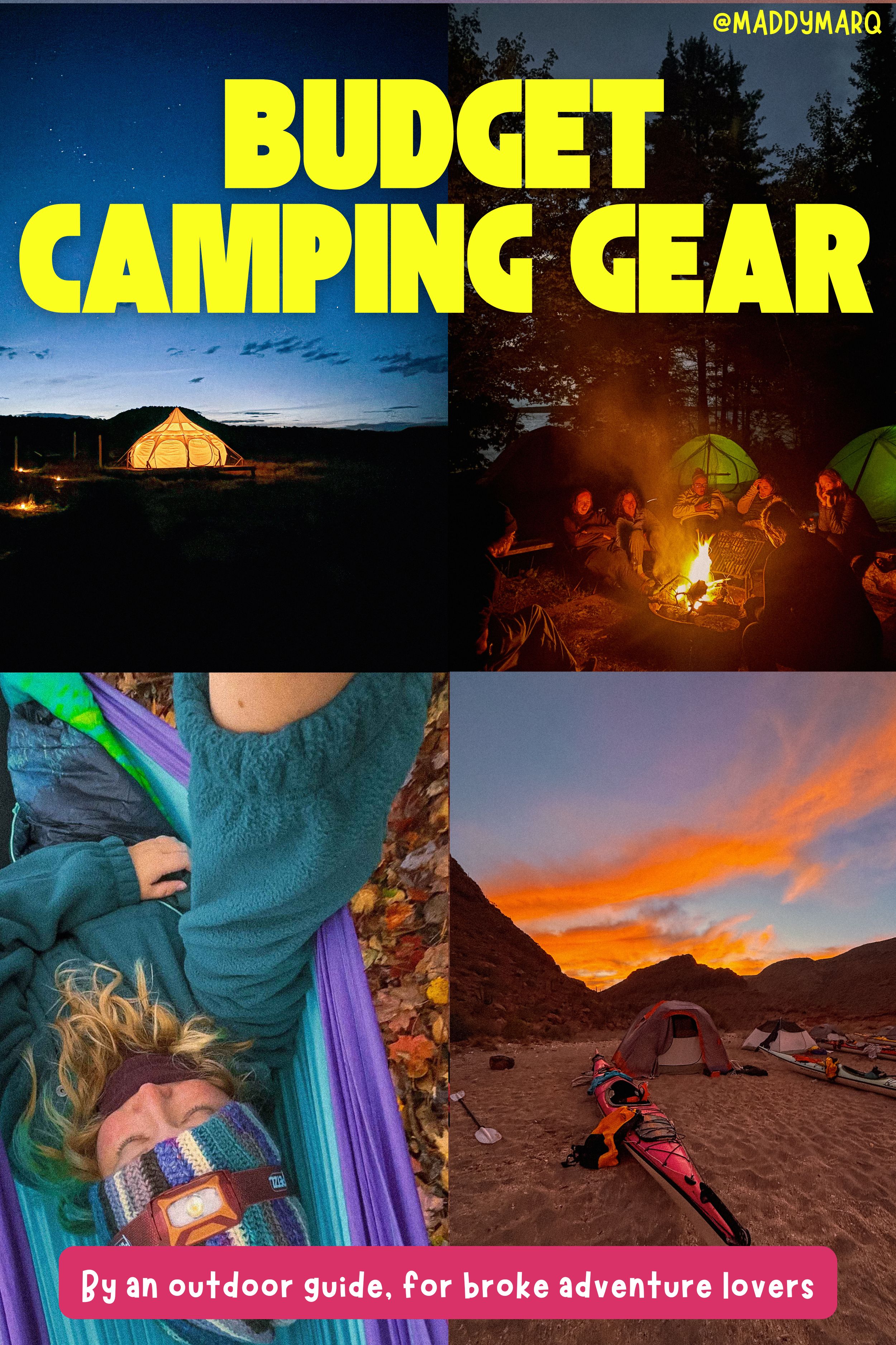 Image collage of camping scenes with text "Budget Camping Gear by outdoor guide for broke adventure lovers" written over the top