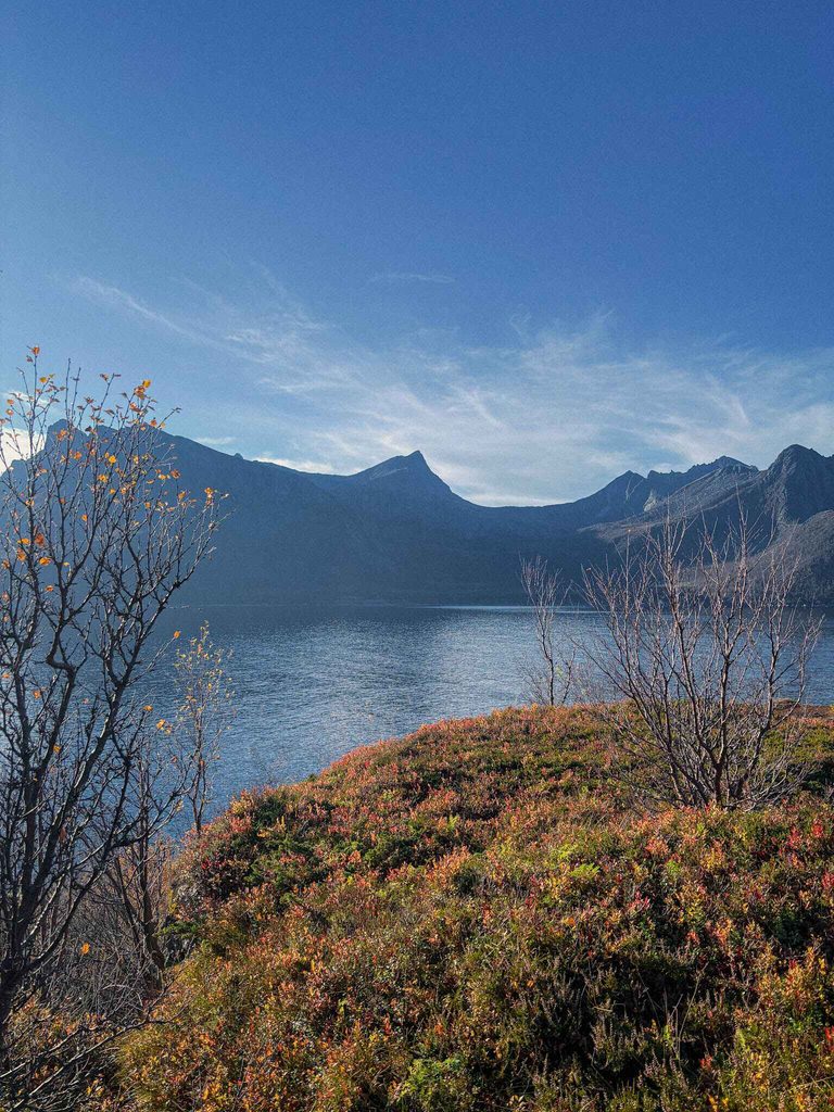 looking out across the fjord at mountains on Husøy, a fishing village on Senja Island