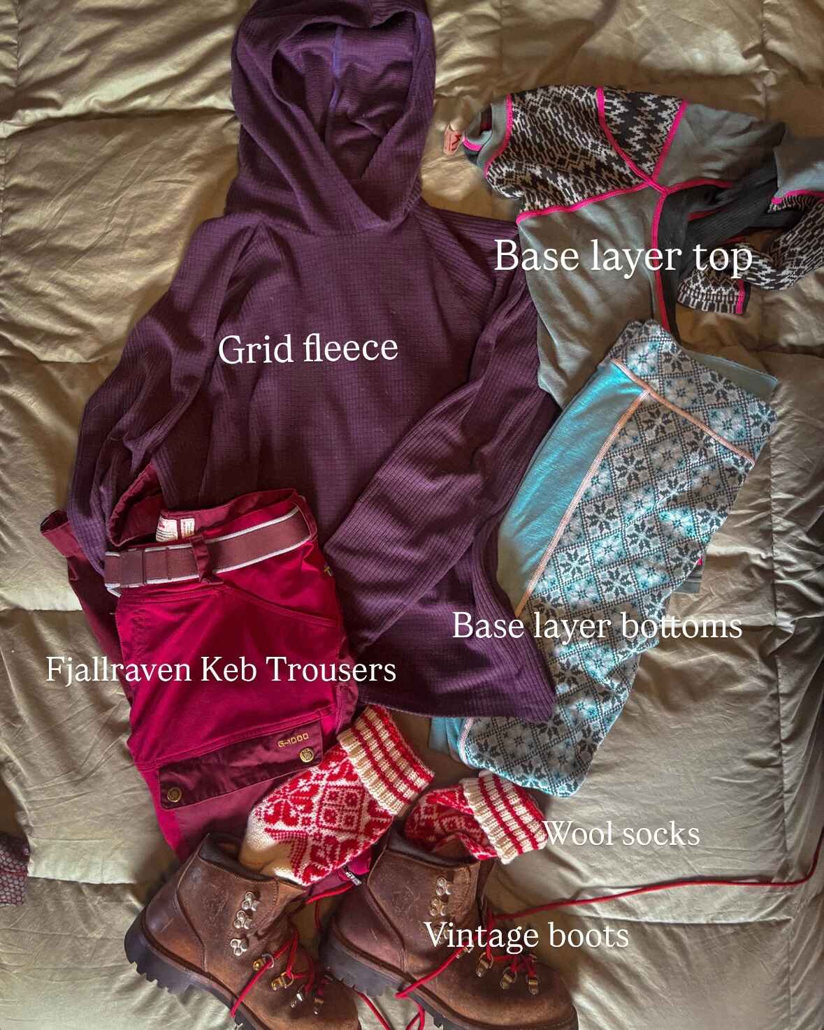 A hiking outfit idea for Norway, labeled. Text reads: Grid fleece, base layer top, Fjallraven Ken trousers, Base layer bottoms, wool socks, vintage boots.