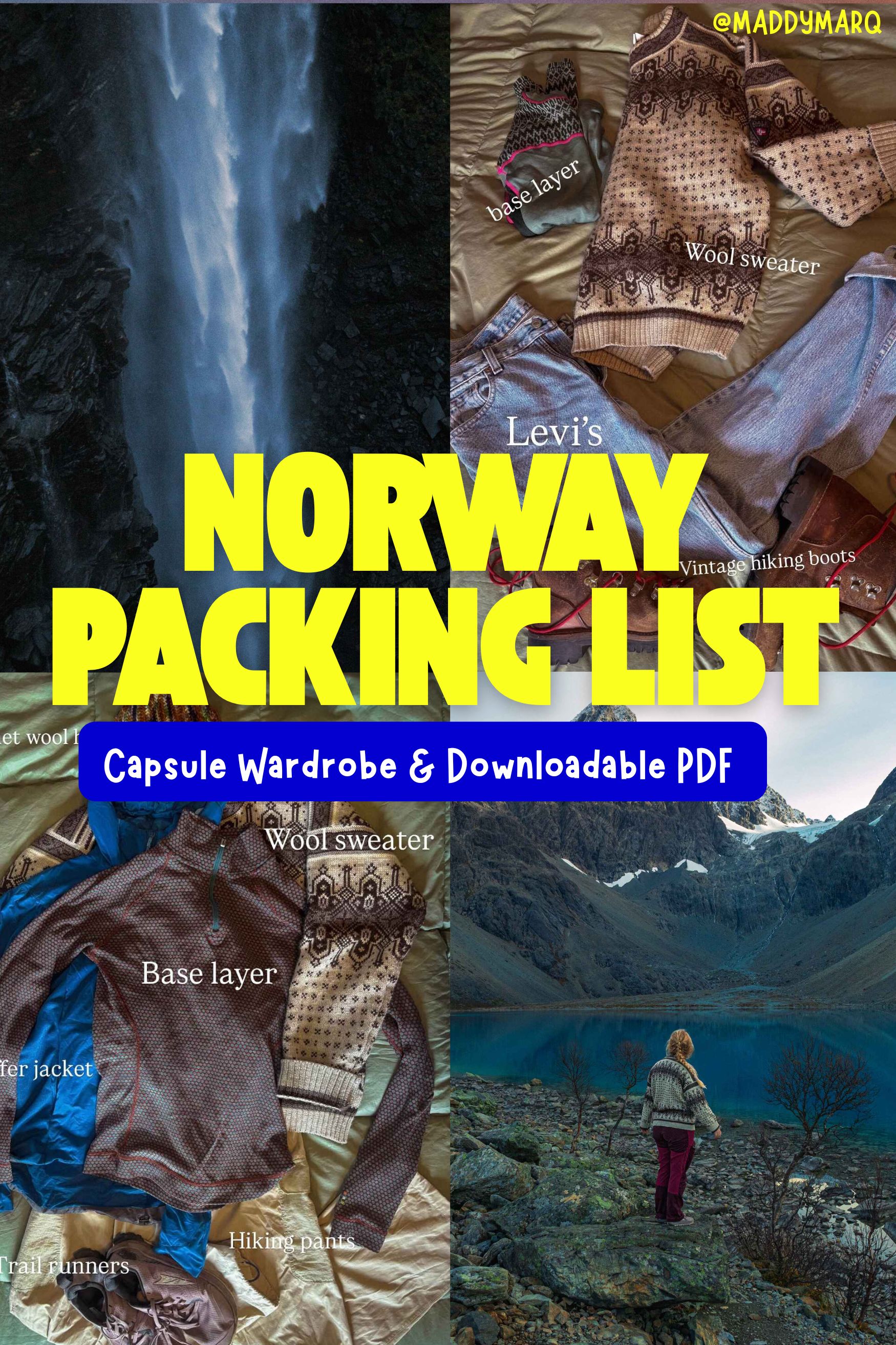 text "norway packing list capsule wardrobe and downloadable PDF" over images of a waterfall in norway, a flat lay of clothes labeled, a flat lay of a hiking outfit labeled, adn a woman standing in said hiking outfit in front of a blue lake in Norway.
