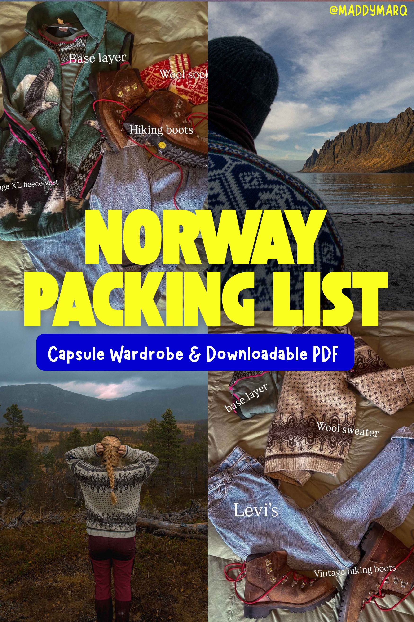 text "norway packing list capsule wardrobe and downloadable PDF" over images of a flat lay of clothes, a man standing by a beach with mountains in the background, a hiker with a wool sweater taking in a view, a flat lay of street clothes and outfit ideas